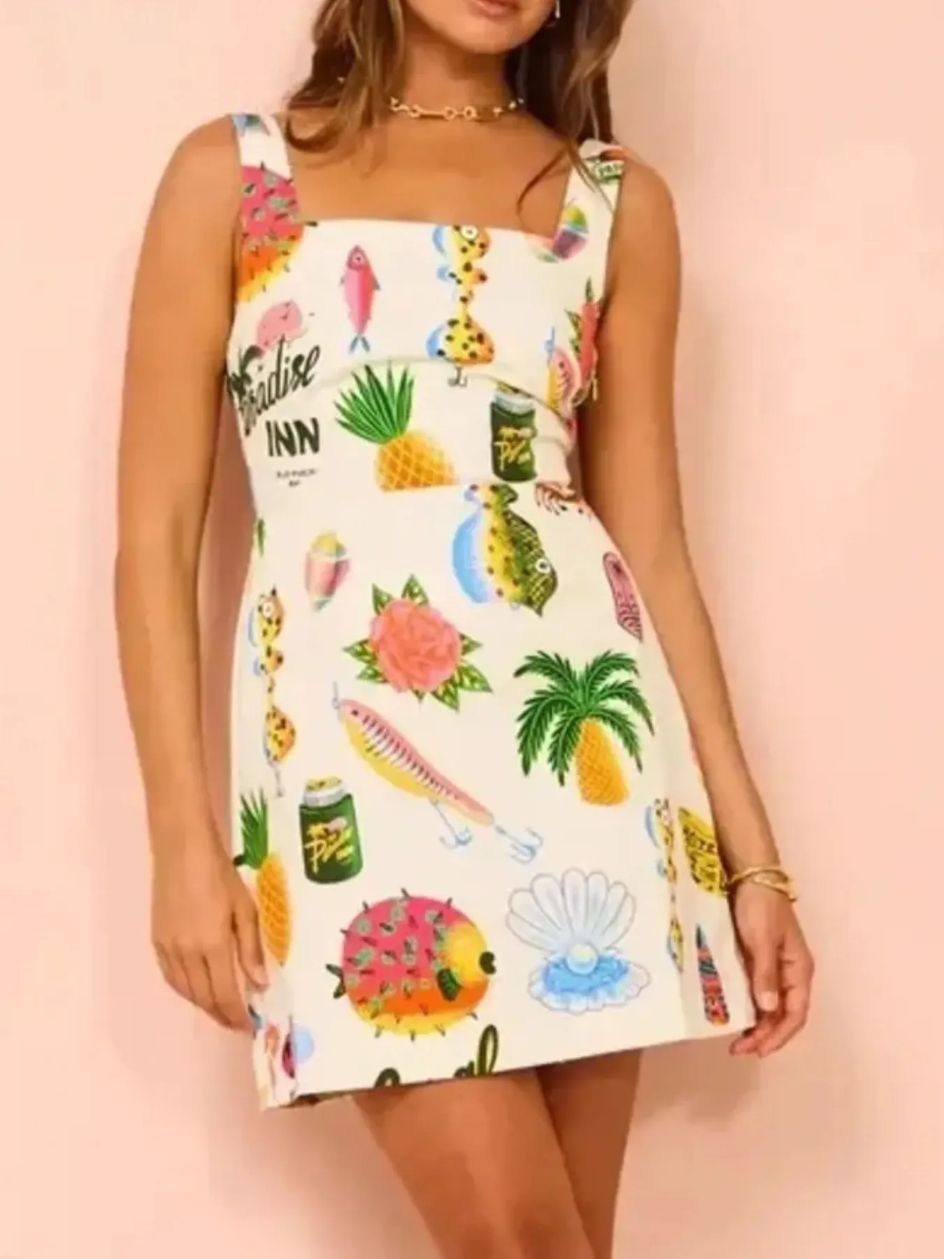 Printed Square Neck Summer Mini Dress - Image 7