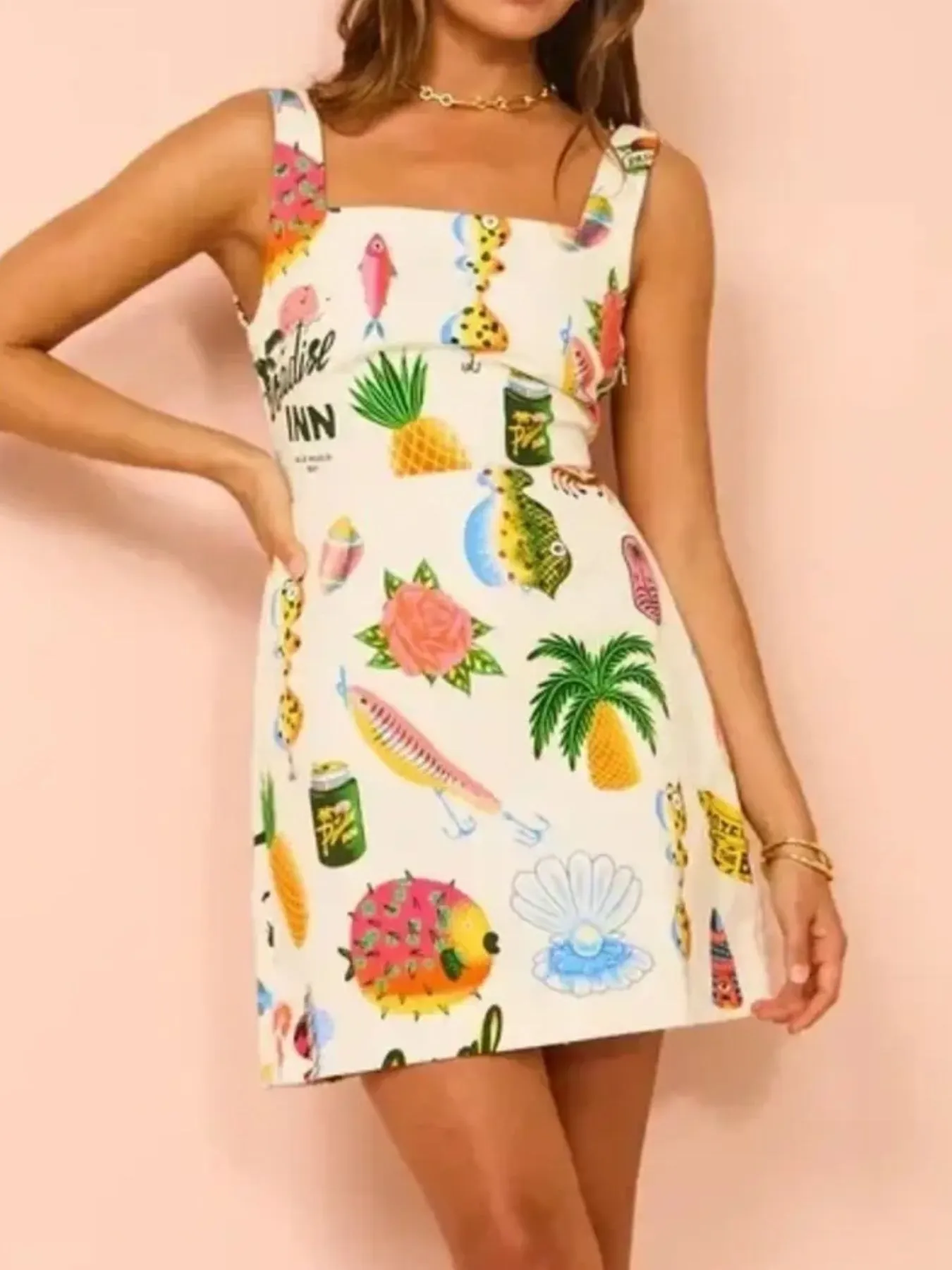 Printed Square Neck Summer Mini Dress - Image 8