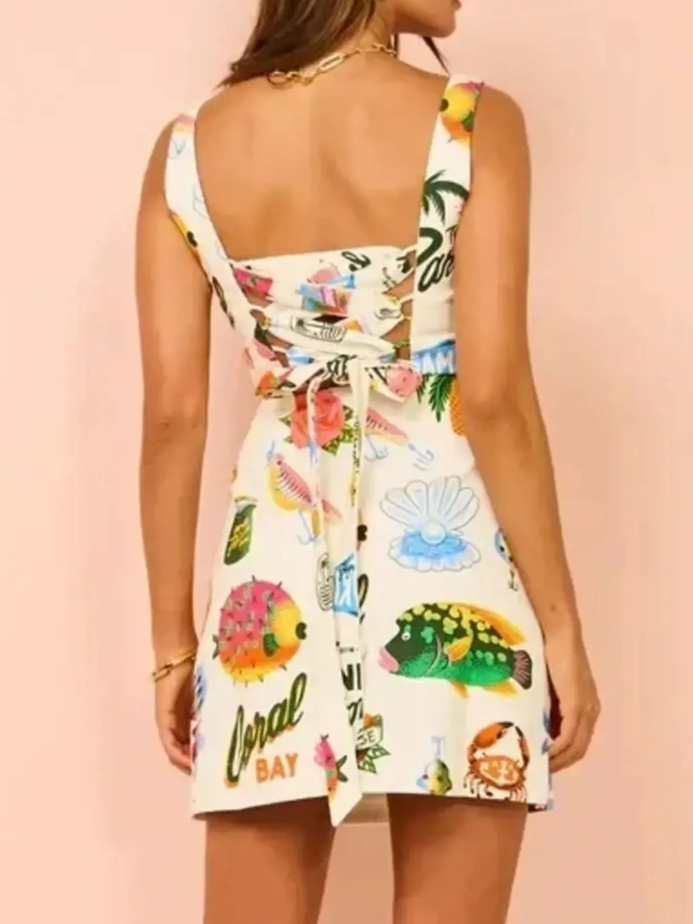 Printed Square Neck Summer Mini Dress - Image 9