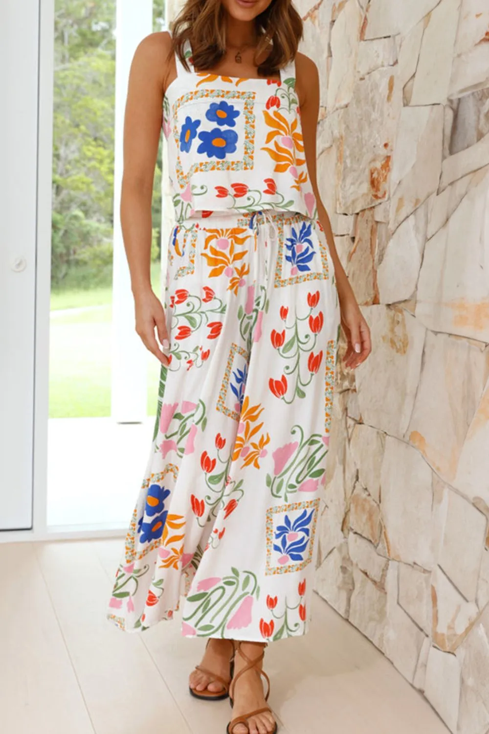 Printed Square Neck Top and Pants Set - Image 2