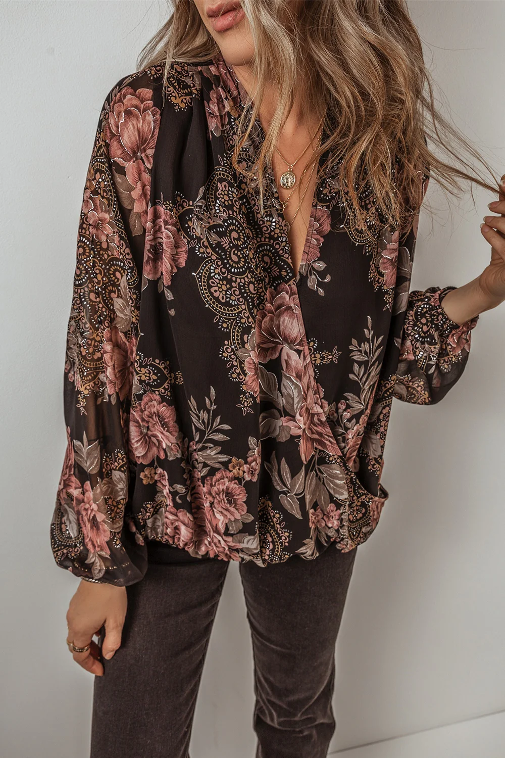 Printed Surplice Long Sleeve Blouse - Image 4