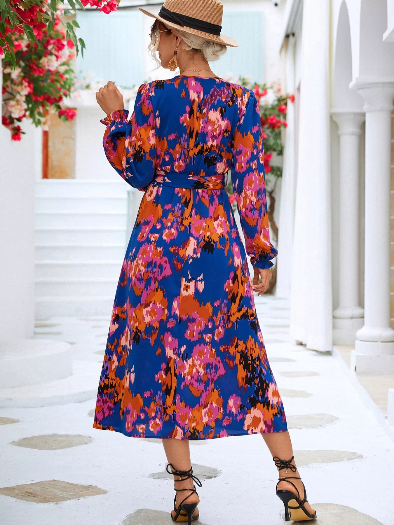 Printed Surplice Long Sleeve Midi Dress - Image 10