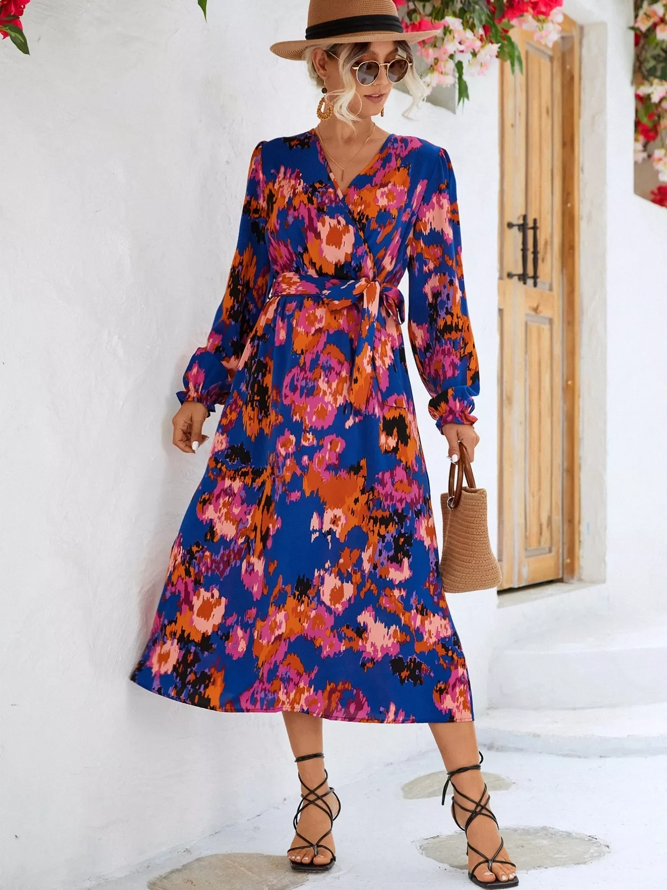 Printed Surplice Long Sleeve Midi Dress - Image 11