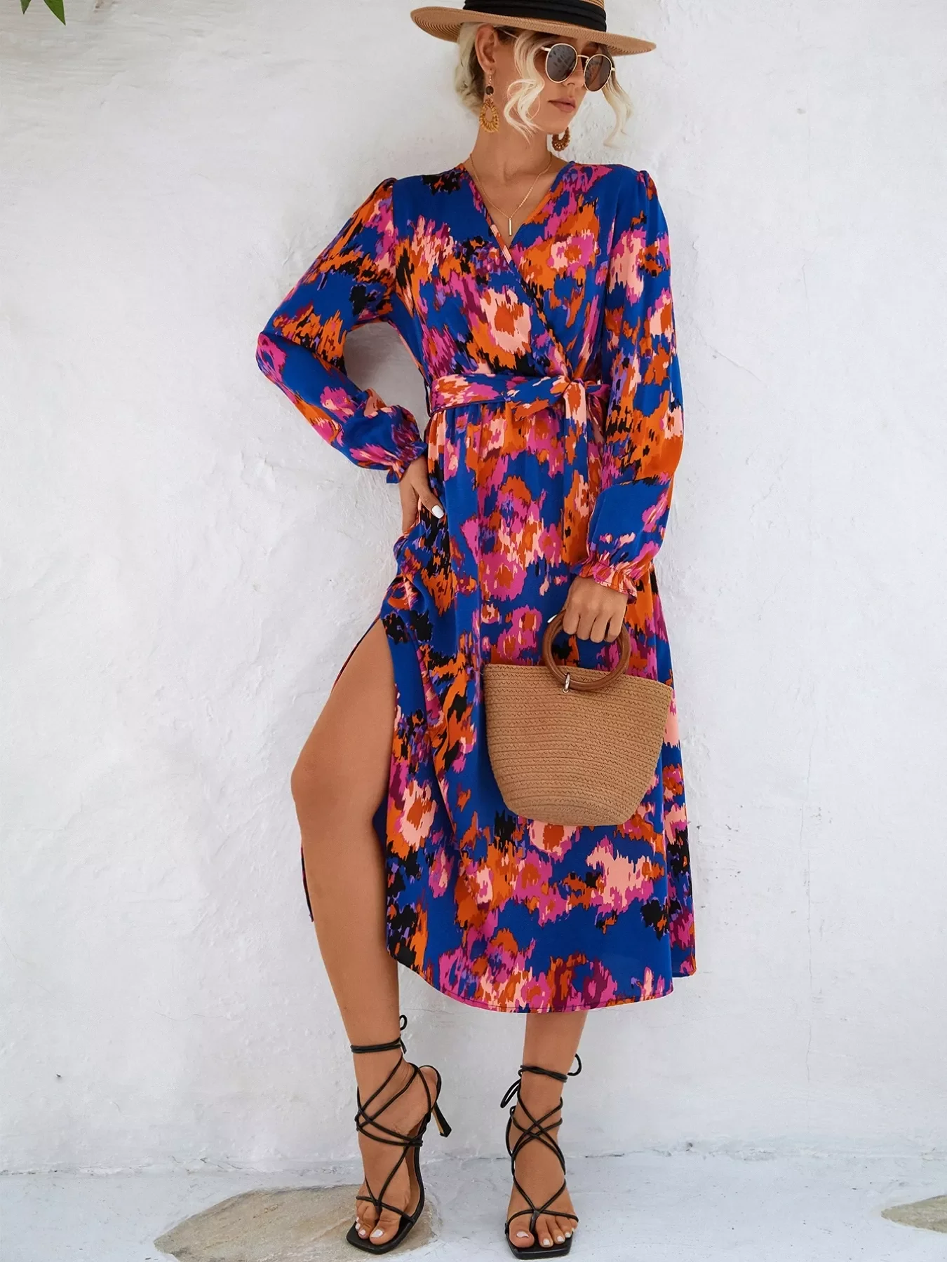 Printed Surplice Long Sleeve Midi Dress - Image 12