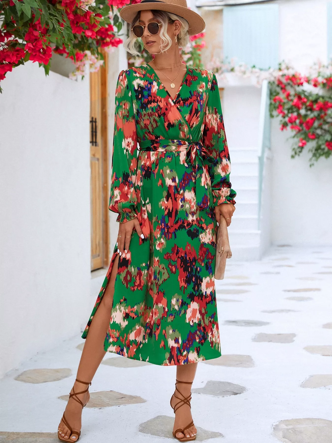 Printed Surplice Long Sleeve Midi Dress - Image 2