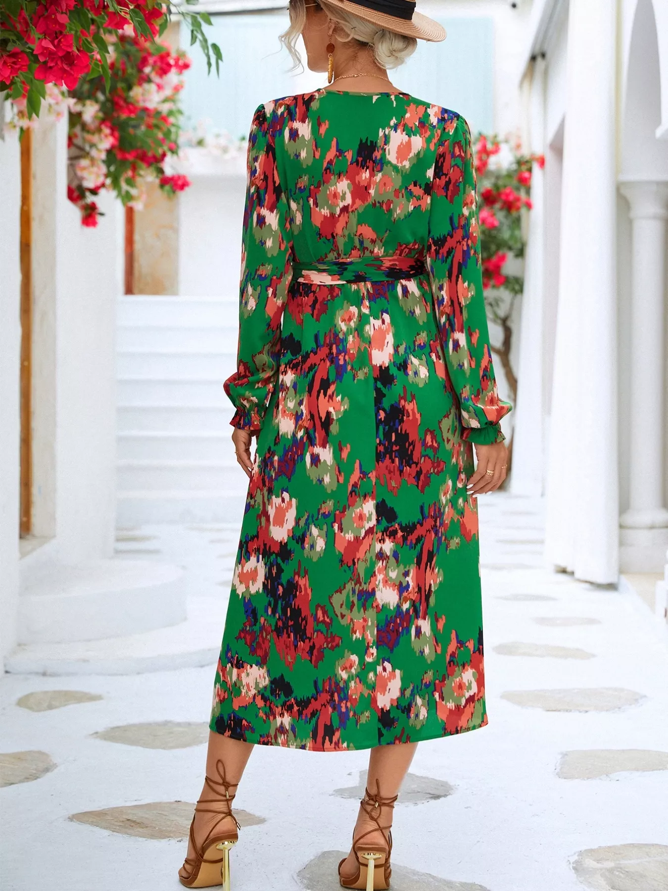 Printed Surplice Long Sleeve Midi Dress - Image 3