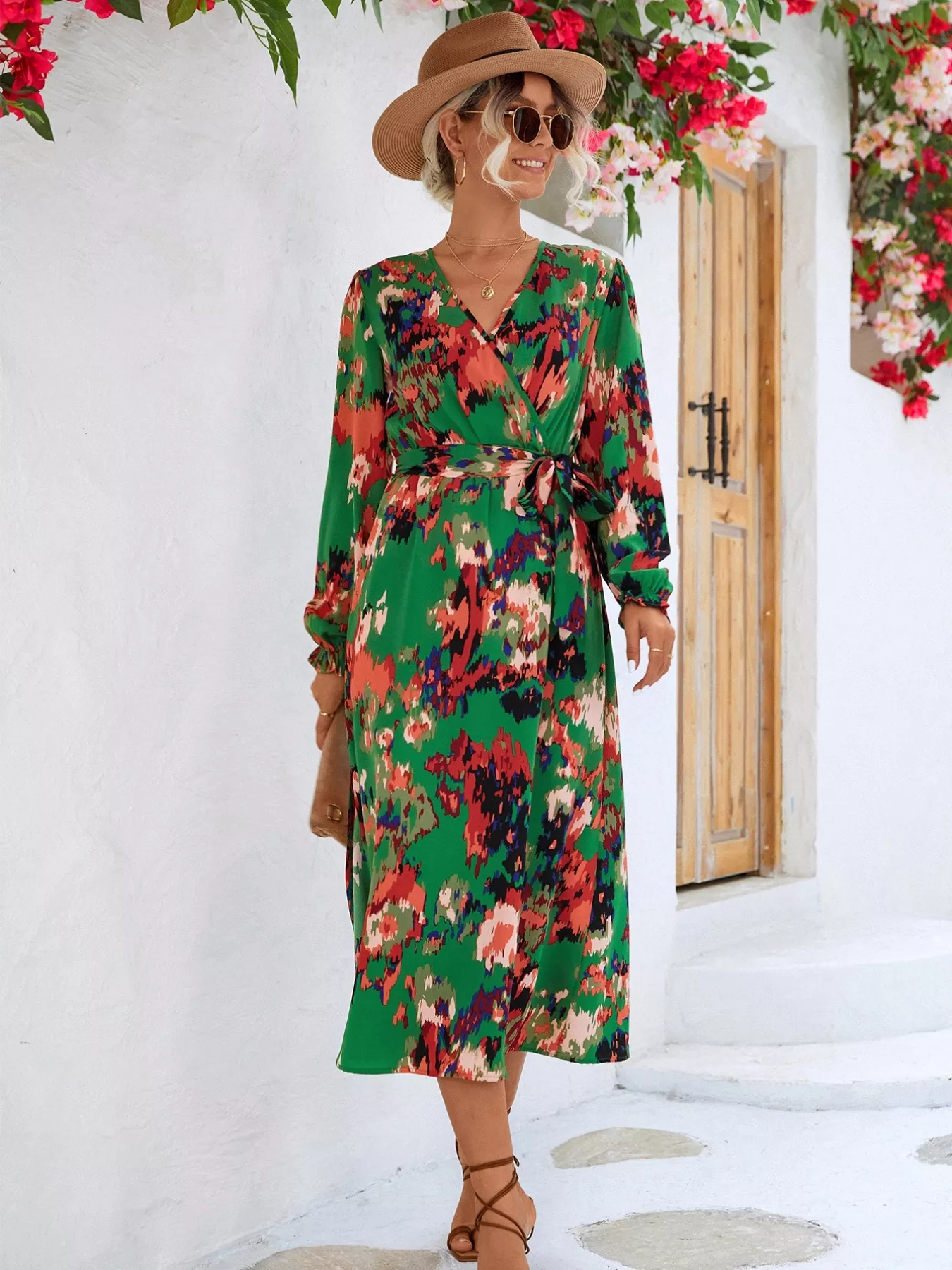 Printed Surplice Long Sleeve Midi Dress - Image 4