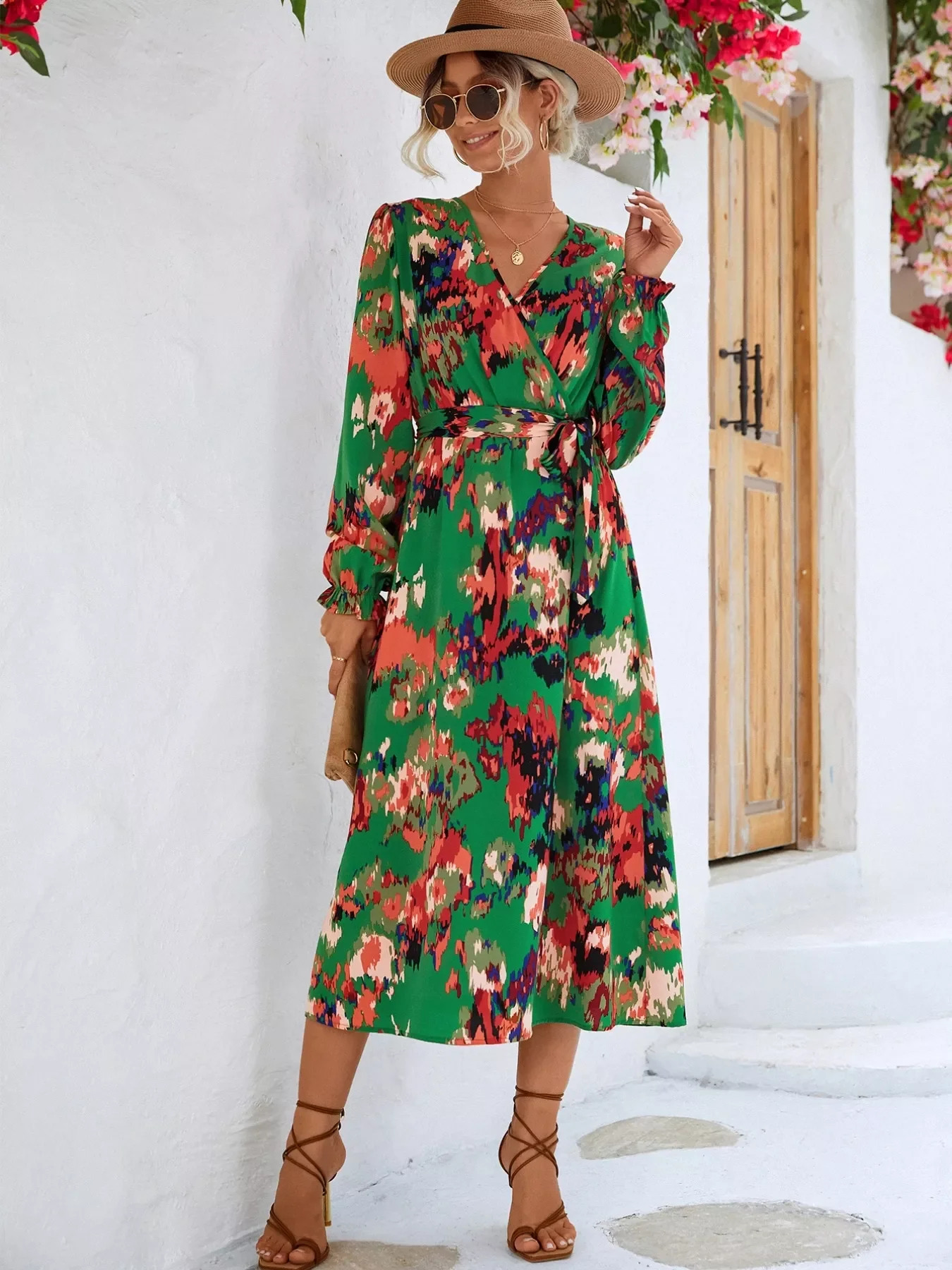 Printed Surplice Long Sleeve Midi Dress - Image 5