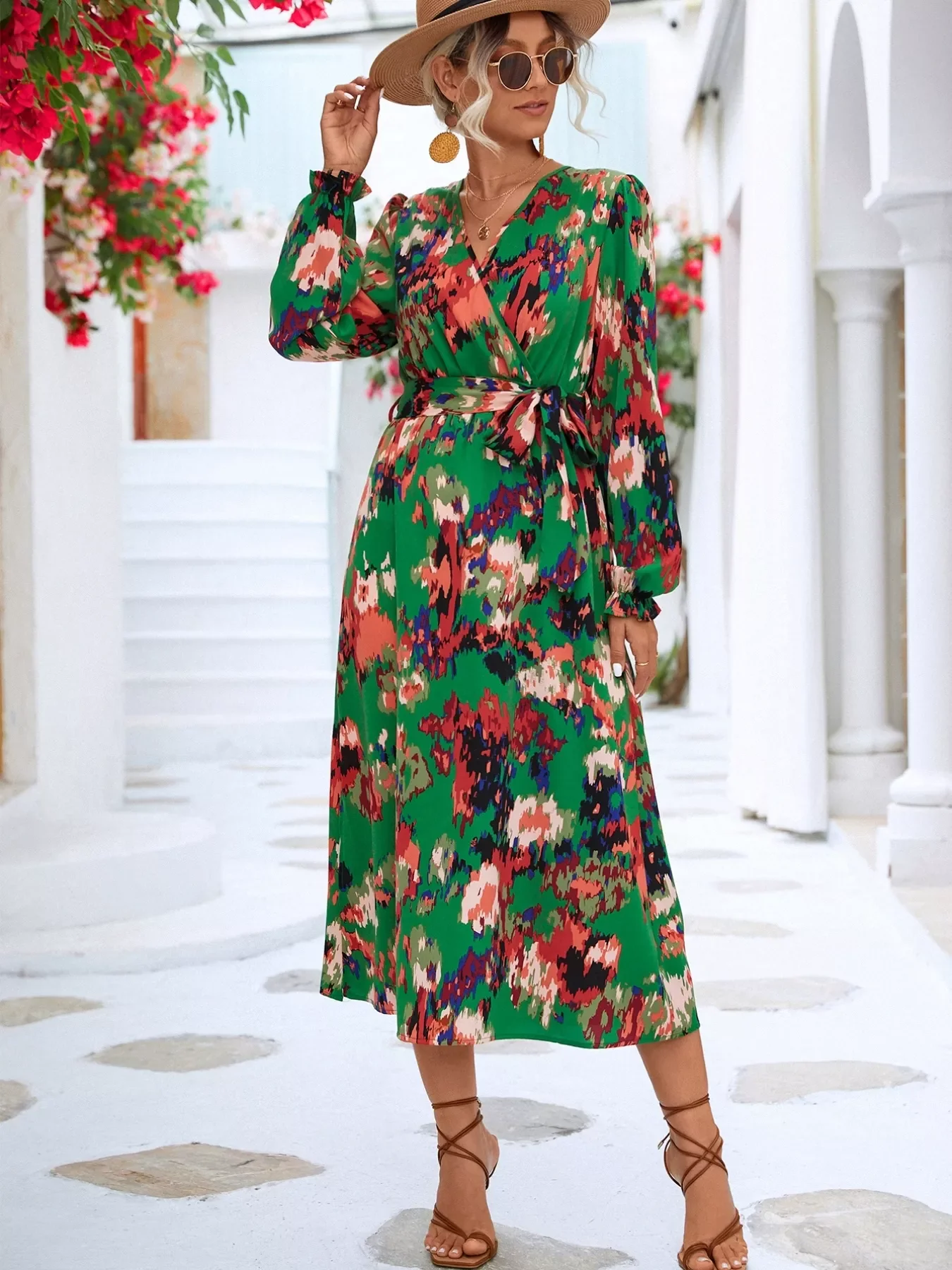 Printed Surplice Long Sleeve Midi Dress - Image 6