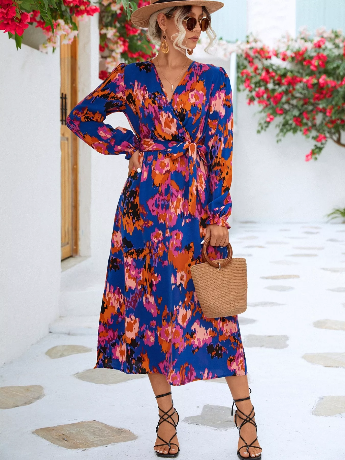 Printed Surplice Long Sleeve Midi Dress - Image 7