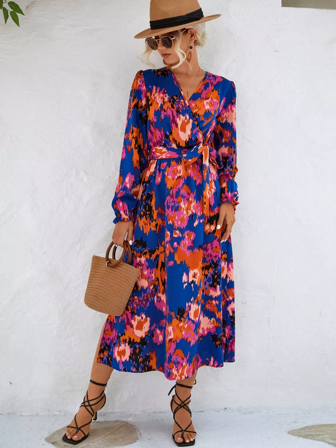 Printed Surplice Long Sleeve Midi Dress - Image 8
