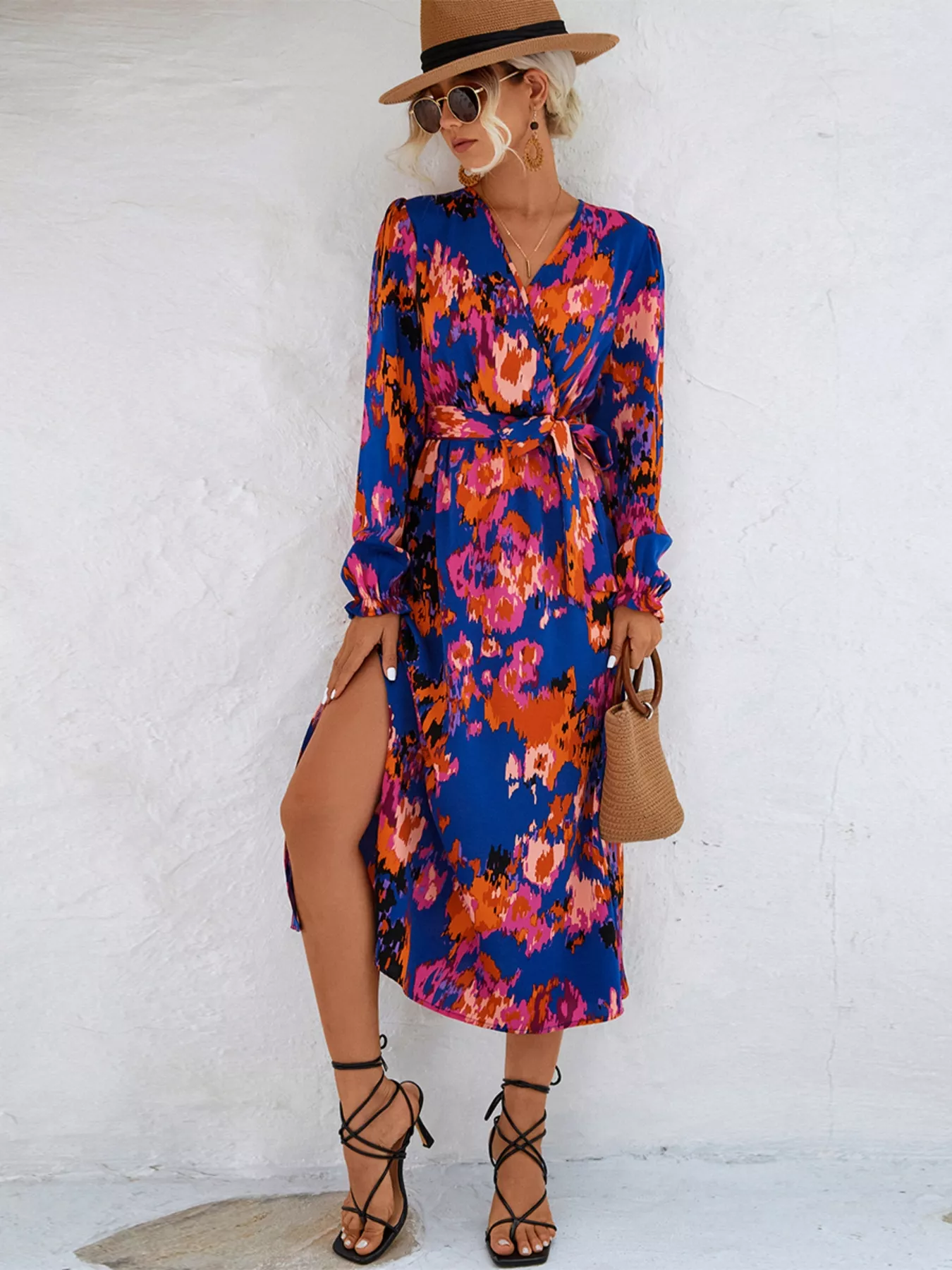 Printed Surplice Long Sleeve Midi Dress - Image 9