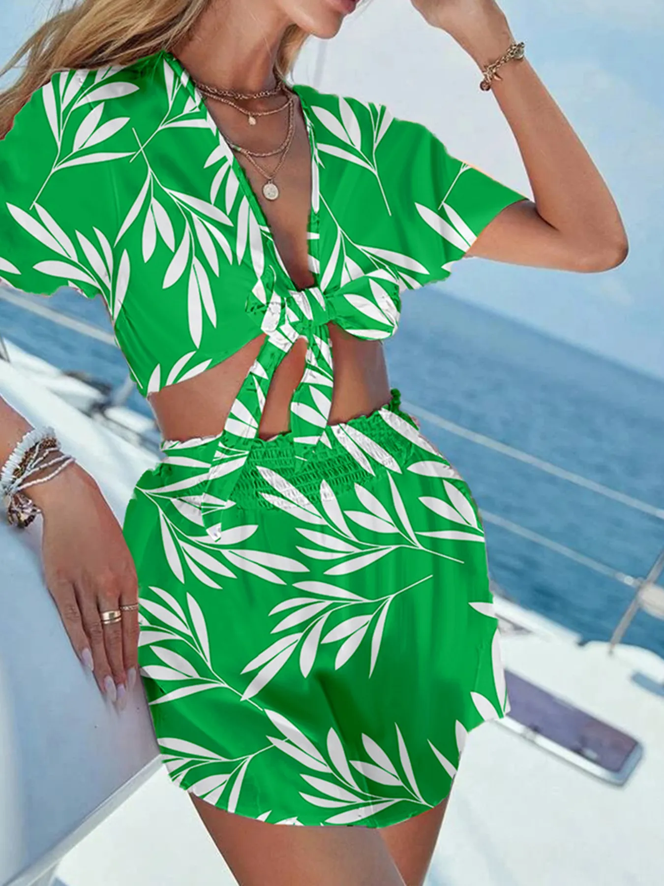 Printed Tie Front Top and Shorts Set - Image 14