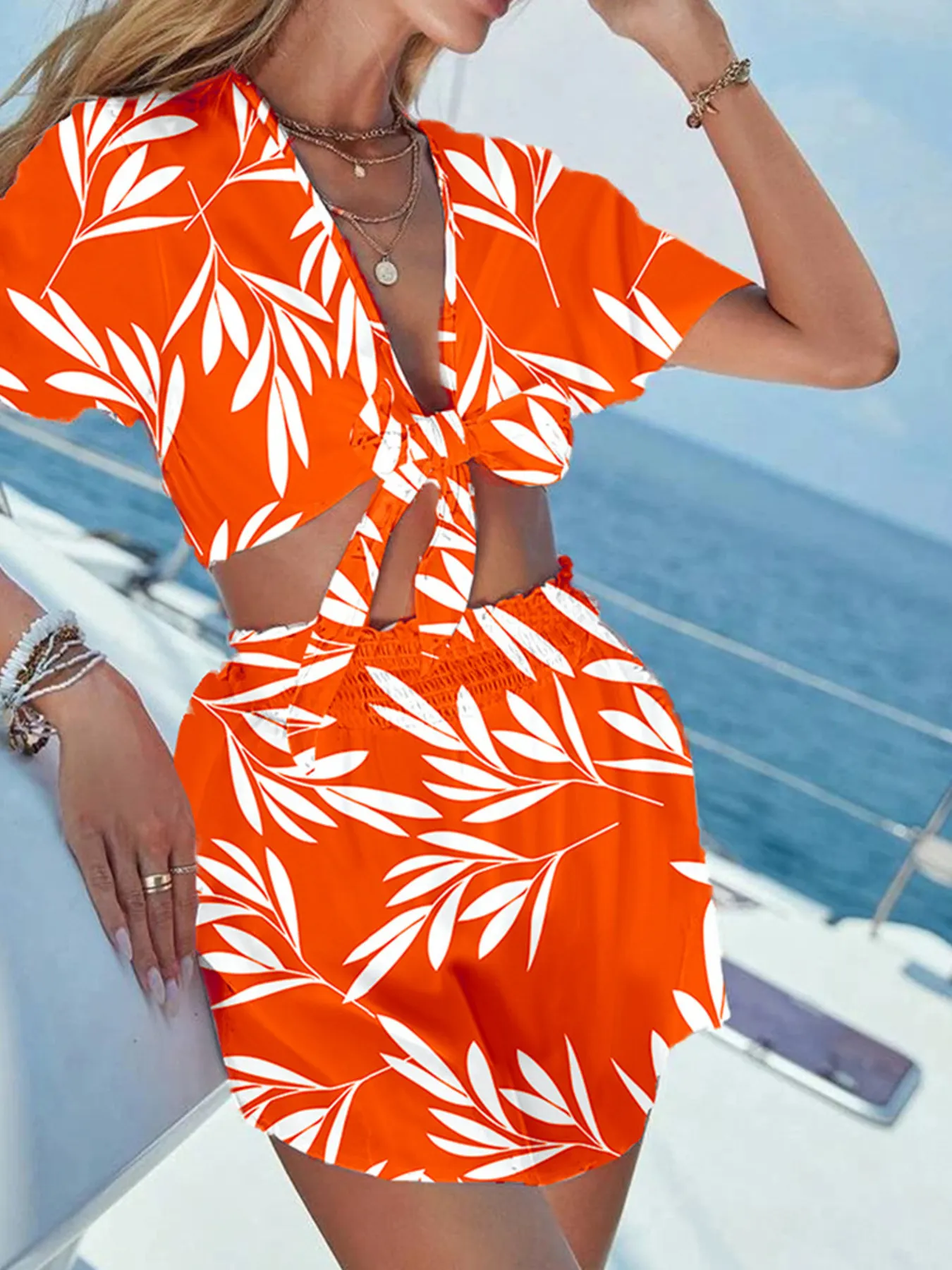 Printed Tie Front Top and Shorts Set - Image 5