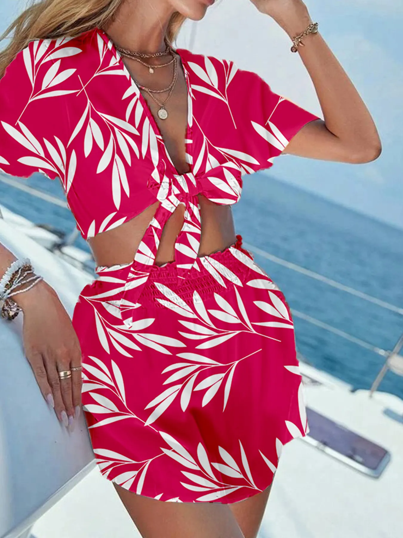 Printed Tie Front Top and Shorts Set - Image 9
