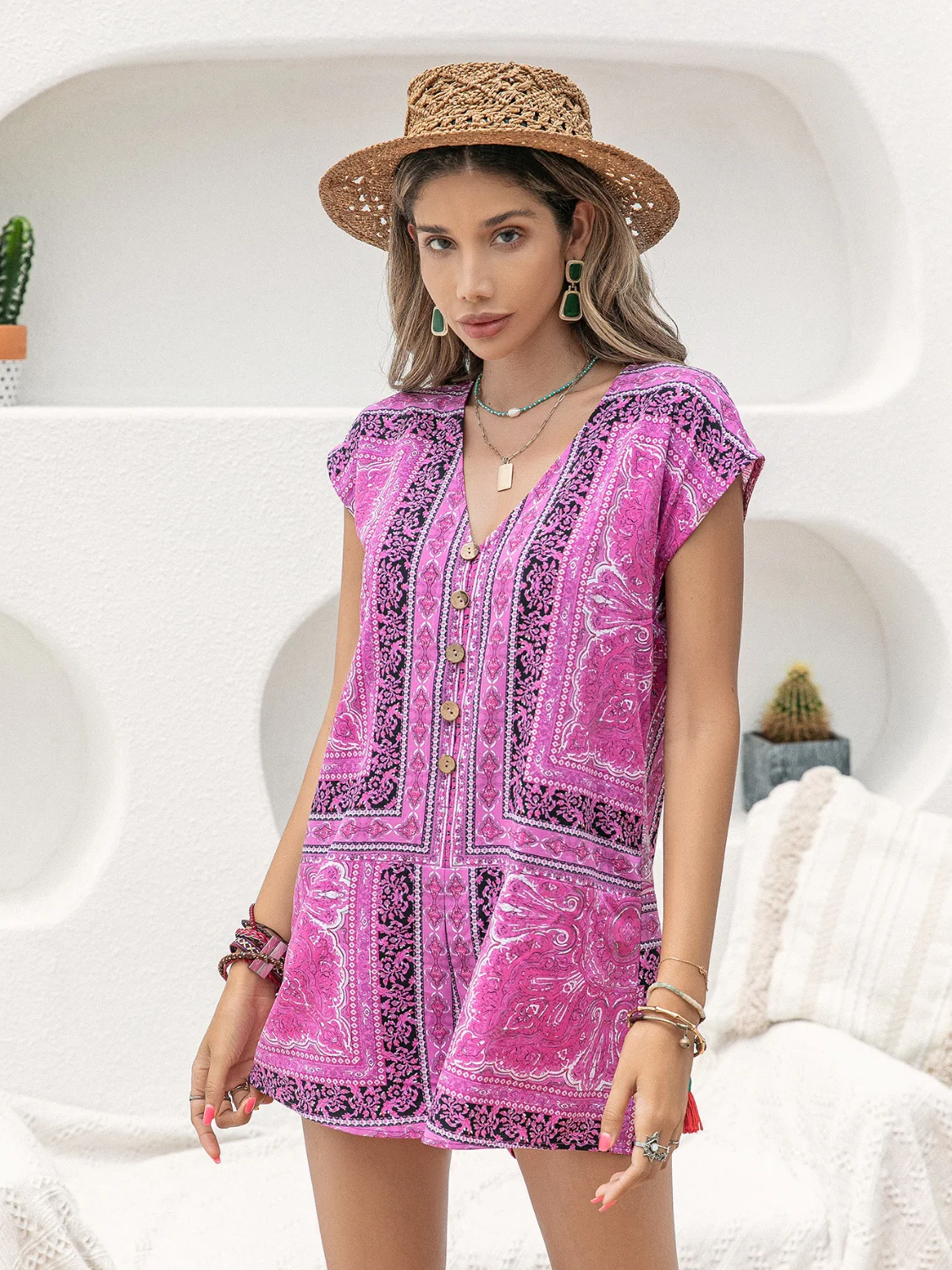 Printed V-Neck Cap Sleeve Romper - Image 13
