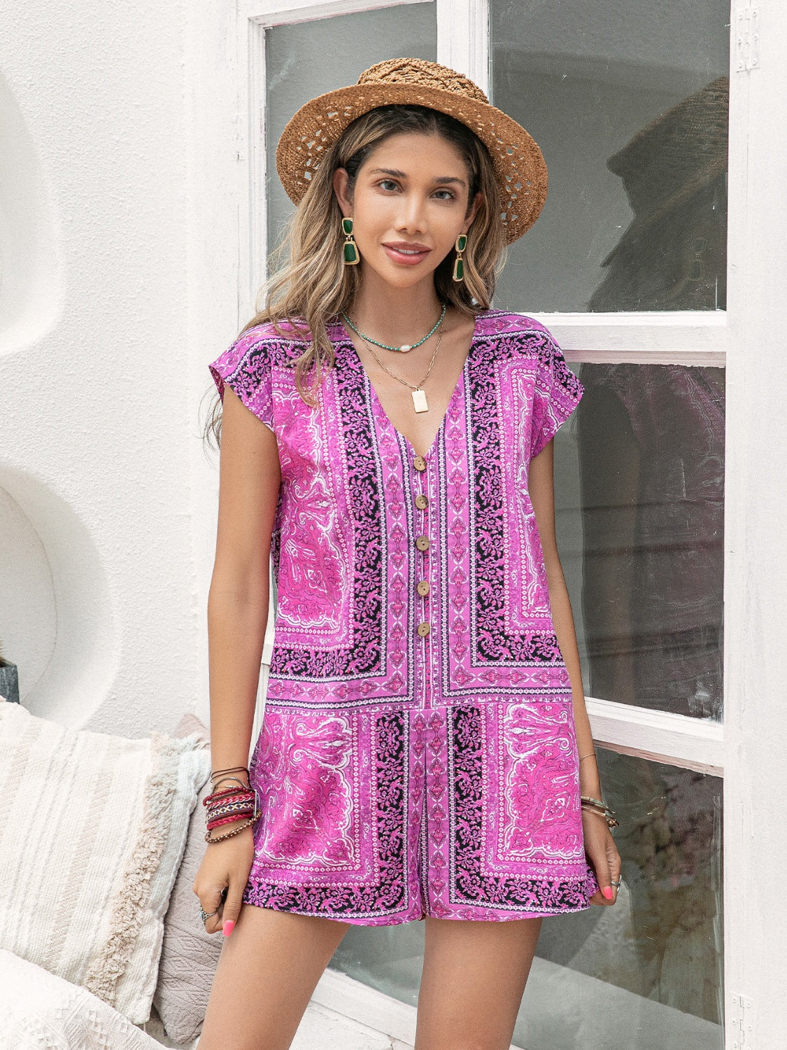 Printed V-Neck Cap Sleeve Romper - Image 14