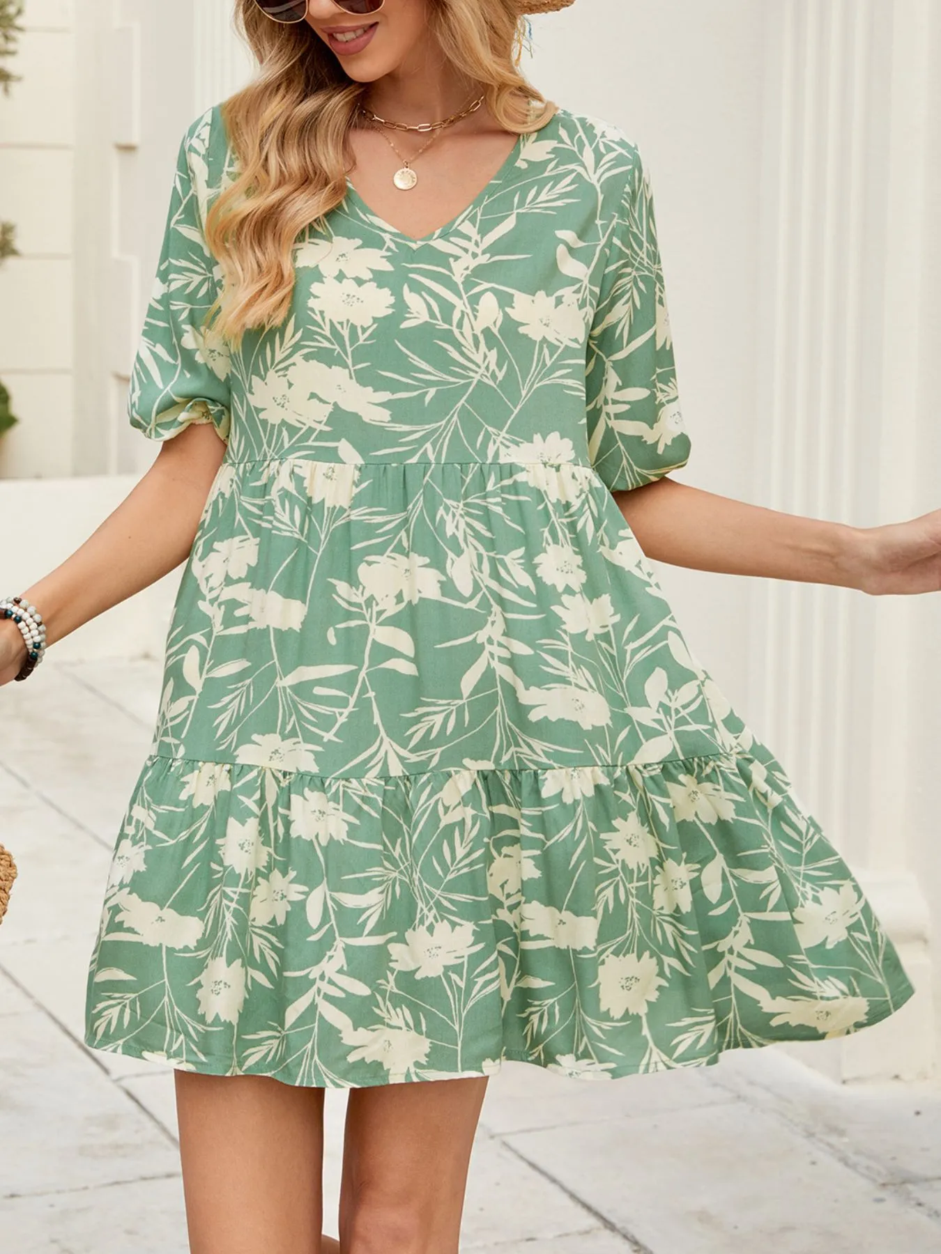 Printed V-Neck Ruffle Hem Mini Dress - Image 2