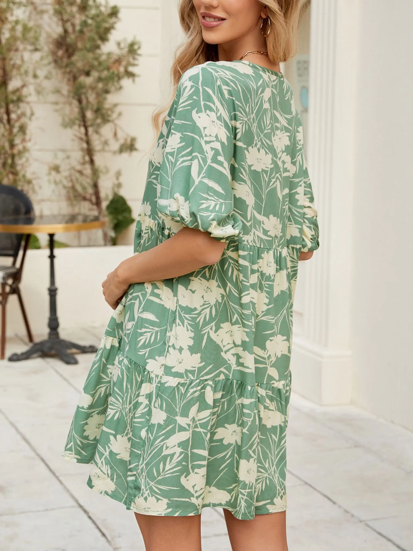 Printed V-Neck Ruffle Hem Mini Dress - Image 3