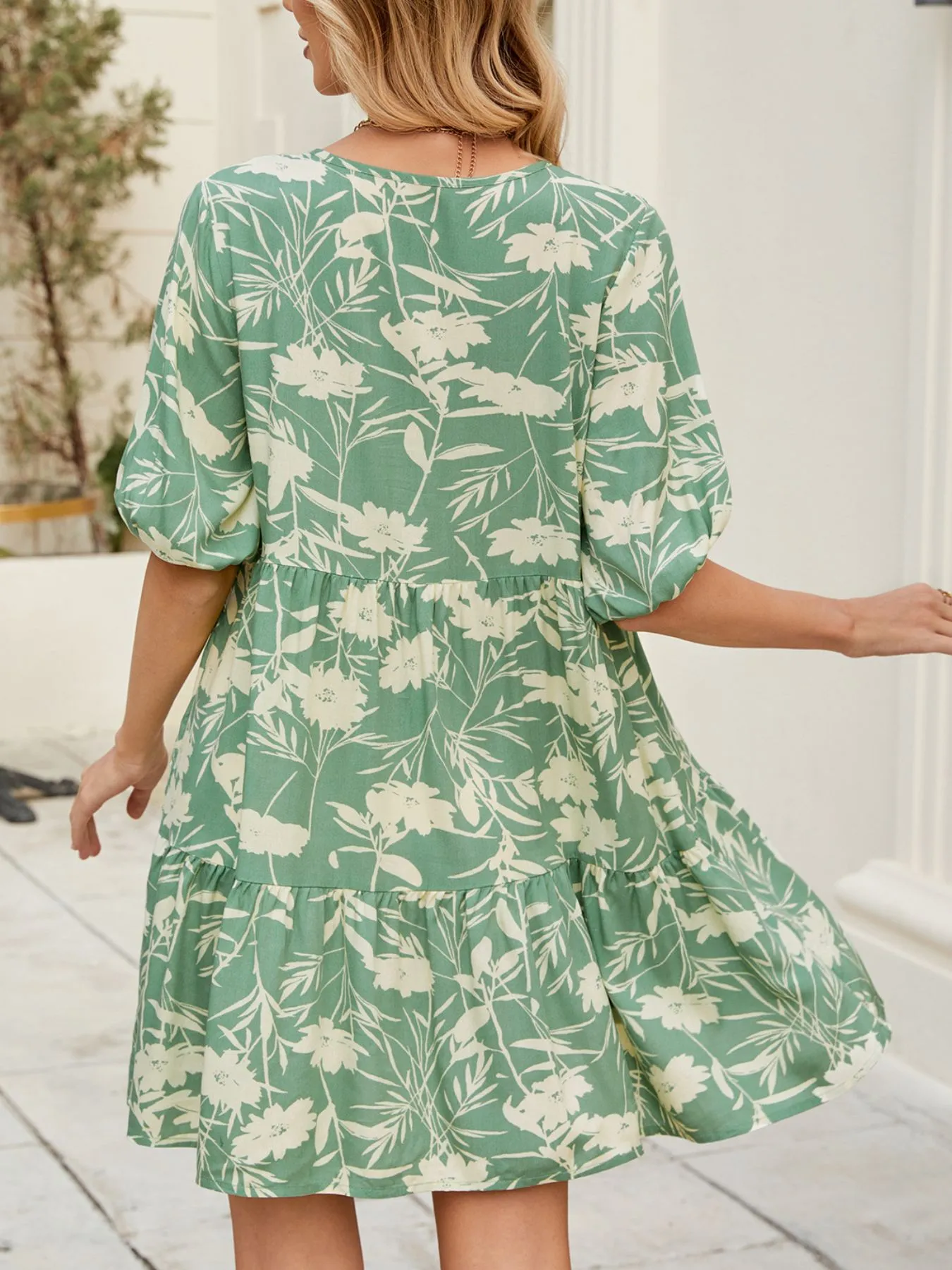 Printed V-Neck Ruffle Hem Mini Dress - Image 5