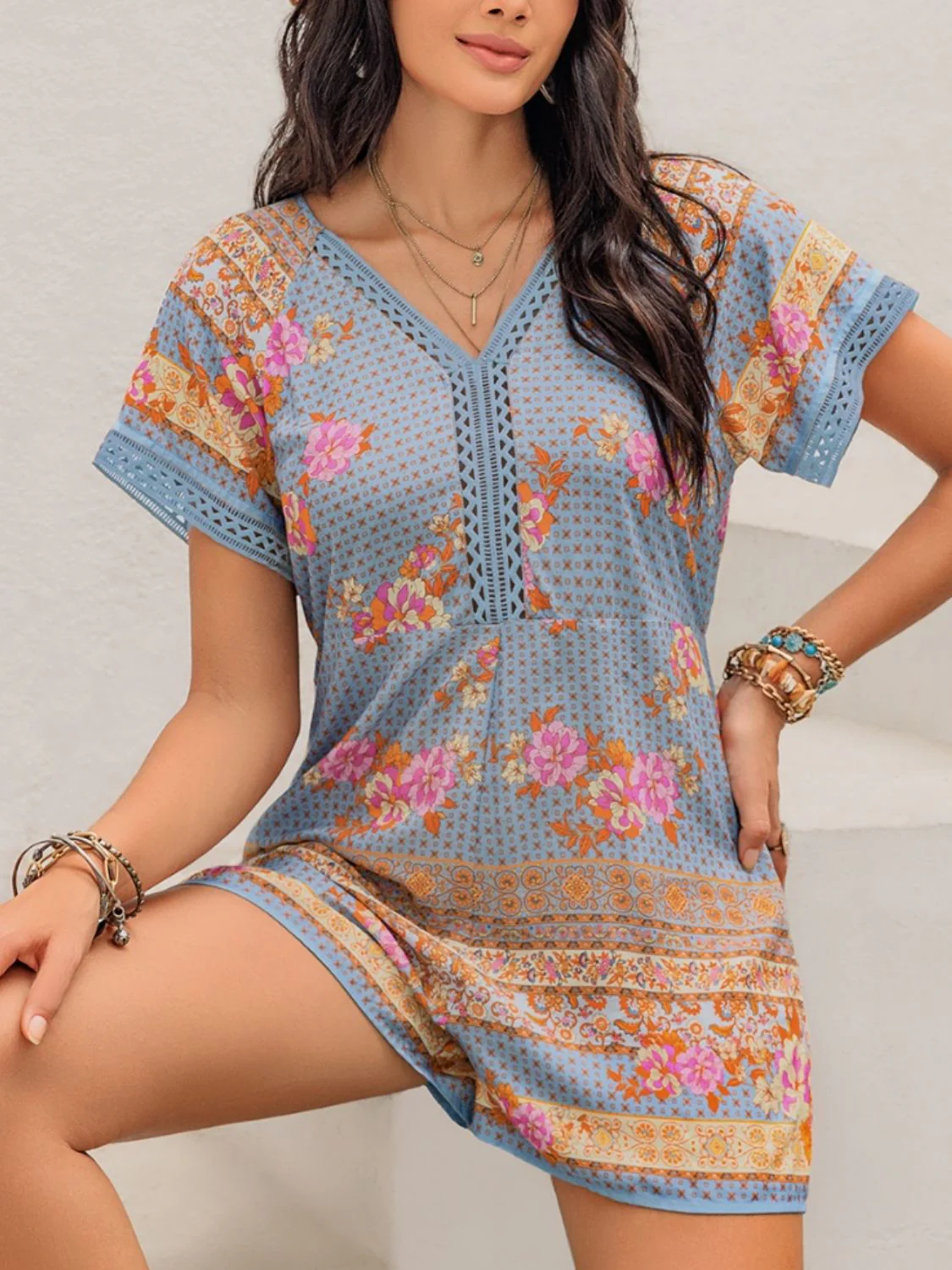 Printed V-Neck Short Sleeve Romper - Image 4