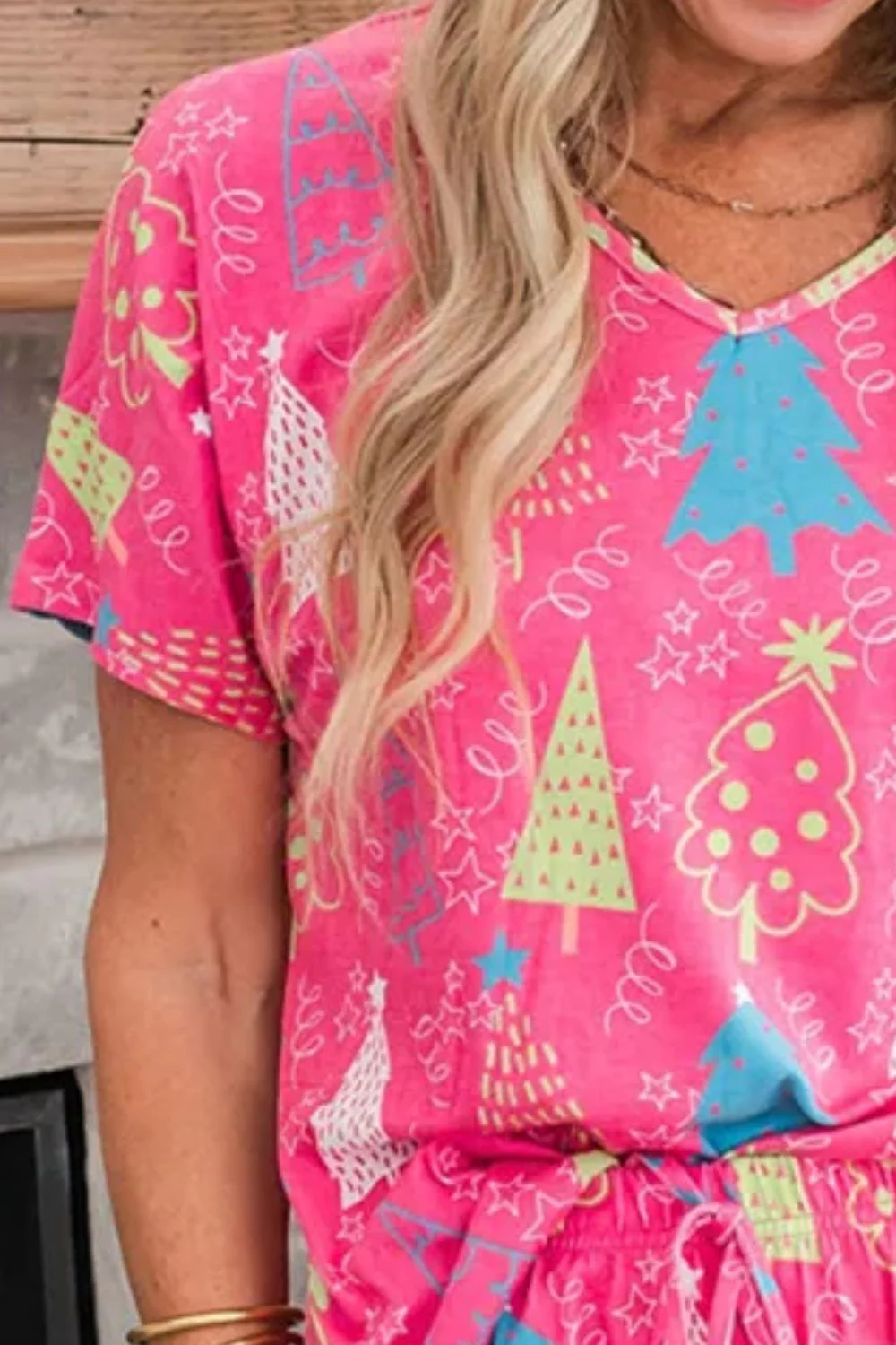 Printed V-Neck Short Sleeve Top and Pants Lounge Set - Image 3