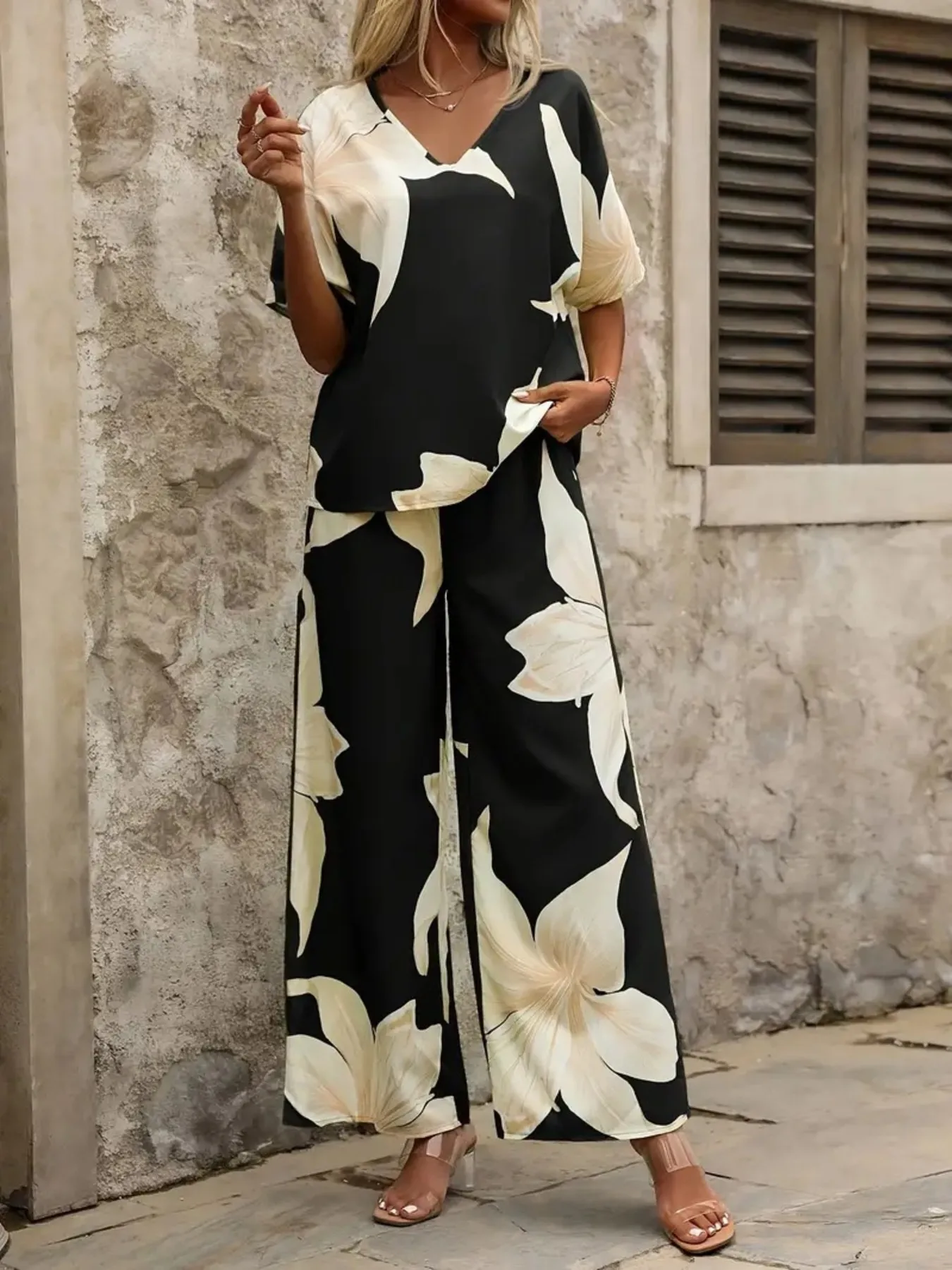 Printed V-Neck Top and Pants Set