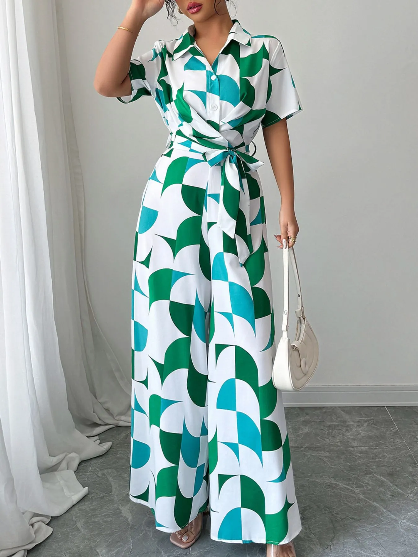 Printed Wide Leg Belted Jumpsuit - Image 3