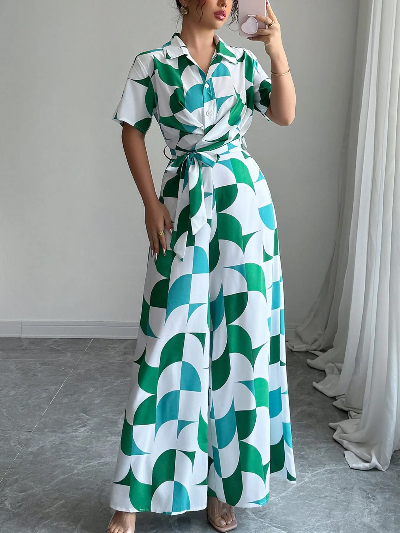 Printed Wide Leg Belted Jumpsuit - Image 4