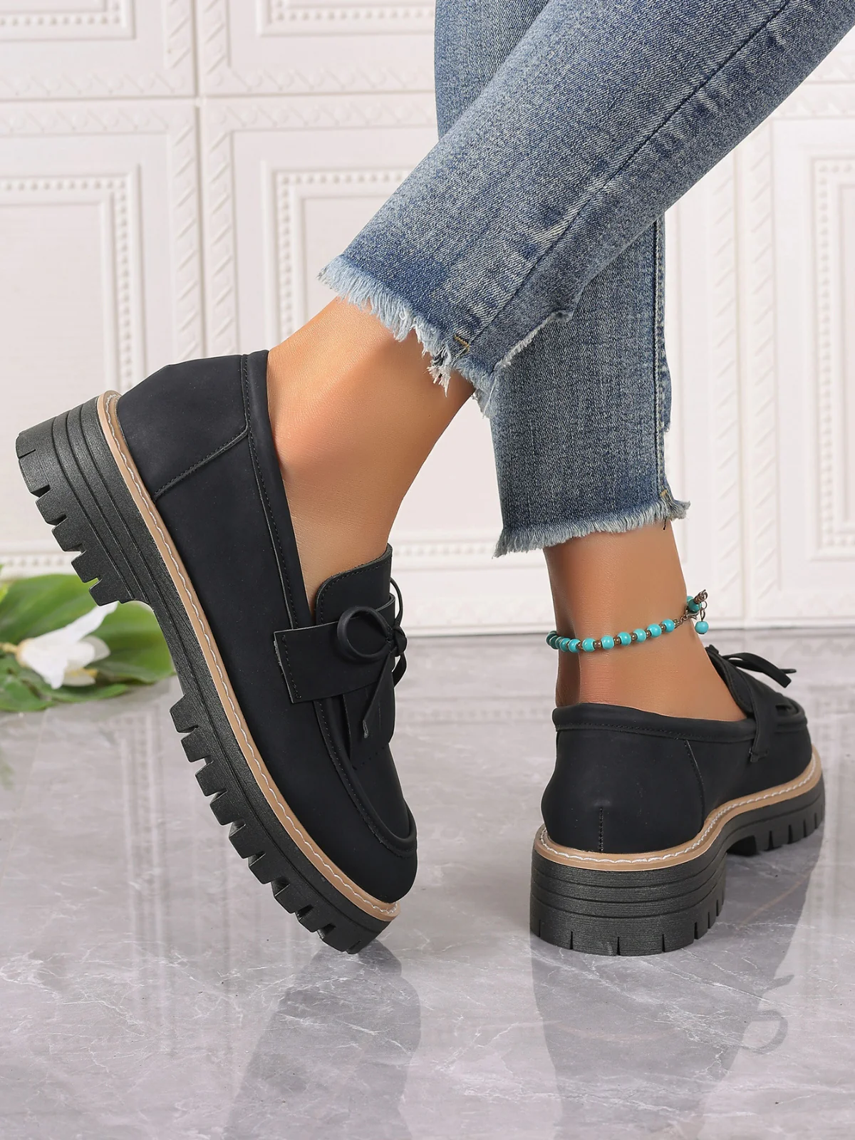 PU Leather Bow Platform Loafers - Image 2