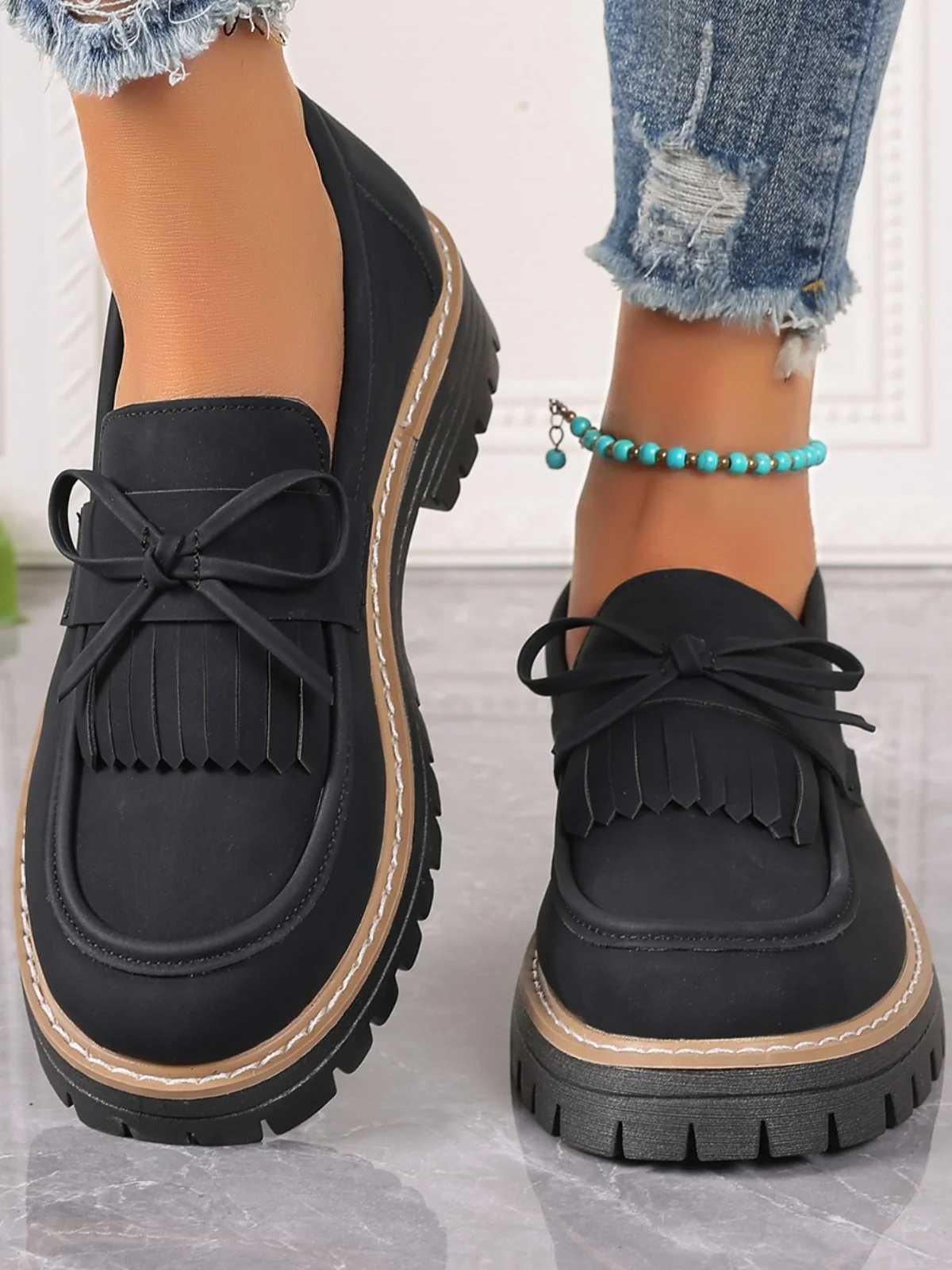 PU Leather Bow Platform Loafers - Image 4