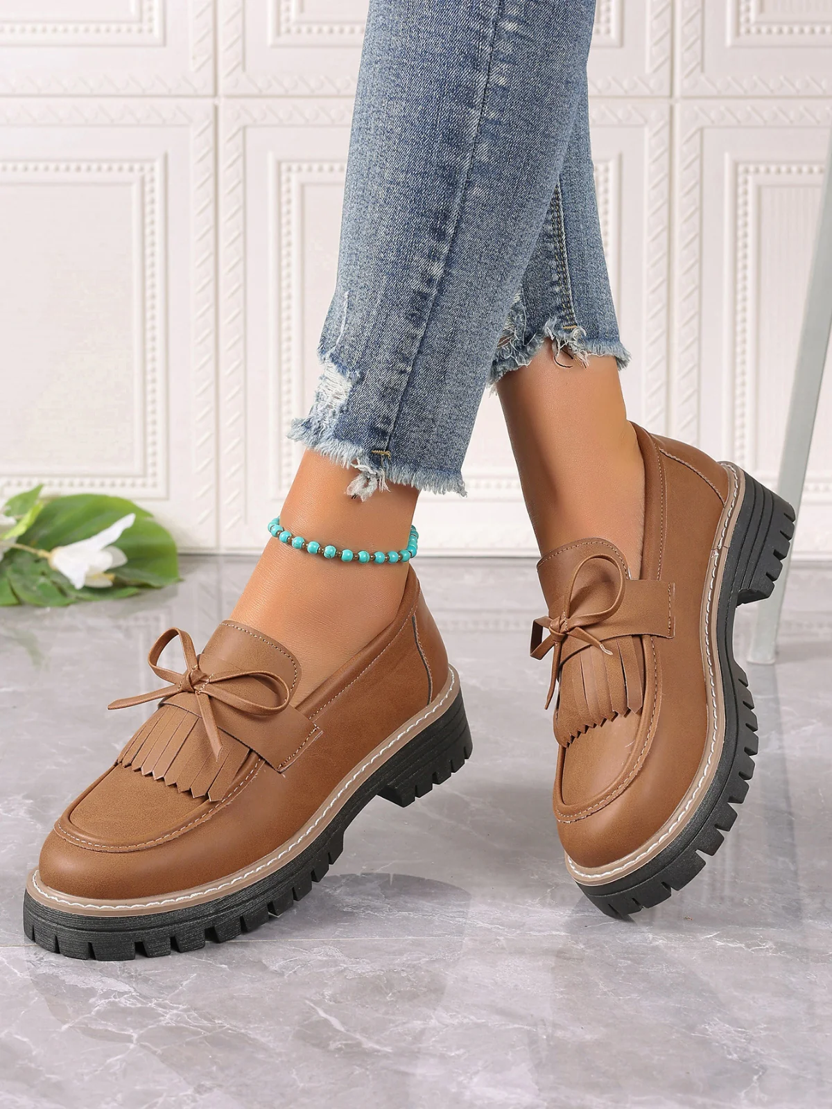 PU Leather Bow Platform Loafers - Image 5