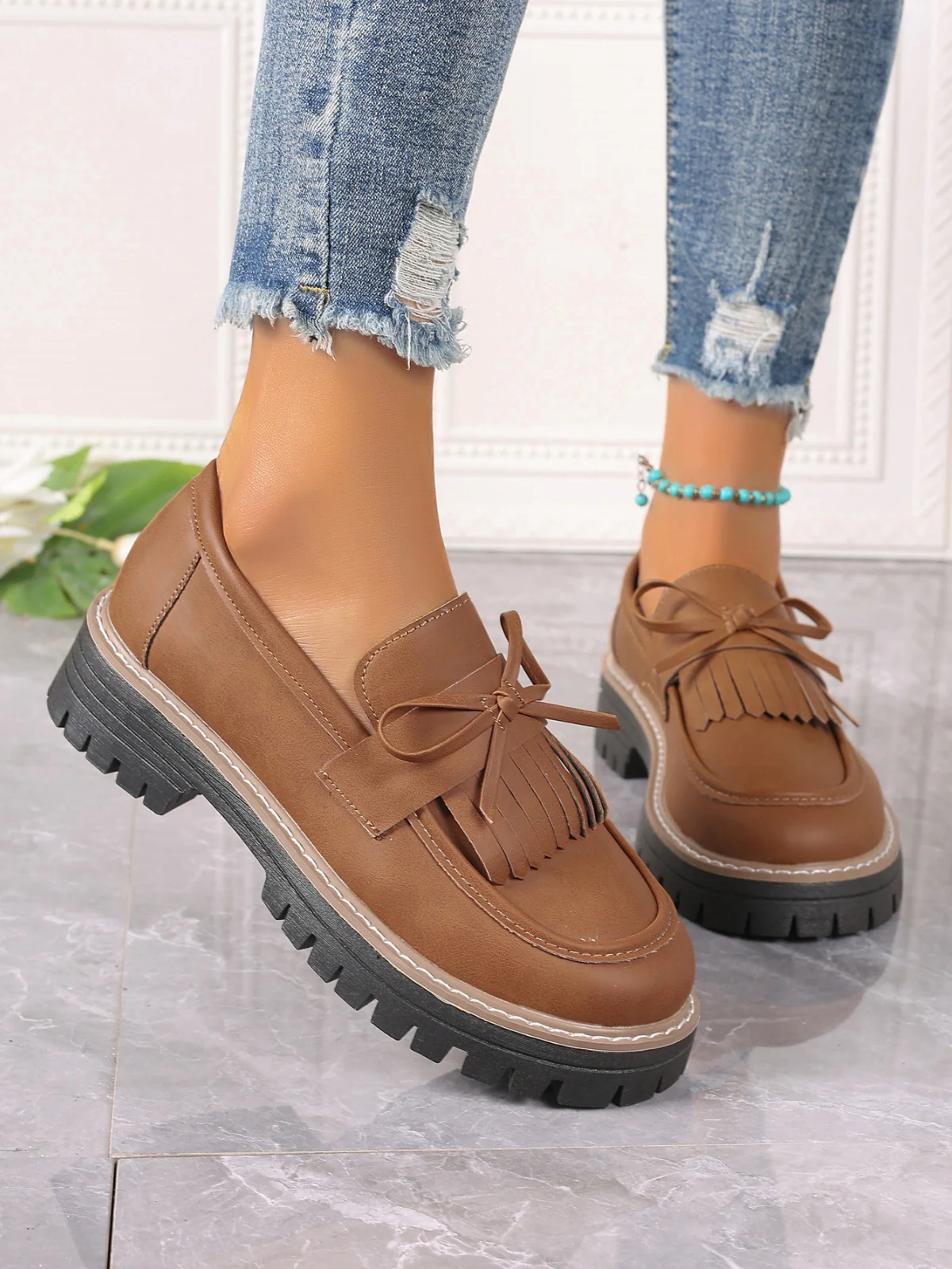 PU Leather Bow Platform Loafers - Image 7
