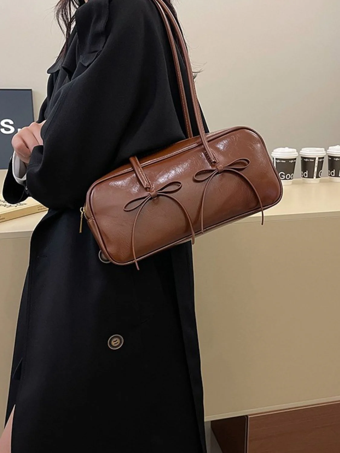 PU Leather Bow Trim Shoulder Bag - Image 13