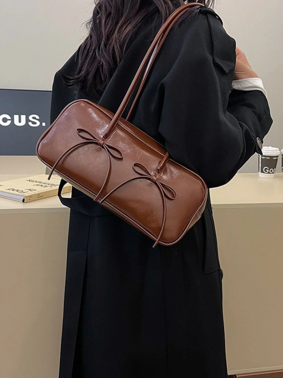 PU Leather Bow Trim Shoulder Bag - Image 15