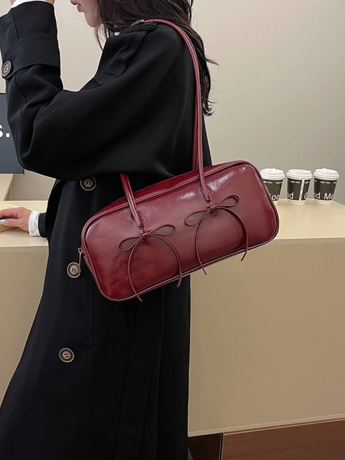 PU Leather Bow Trim Shoulder Bag - Image 3