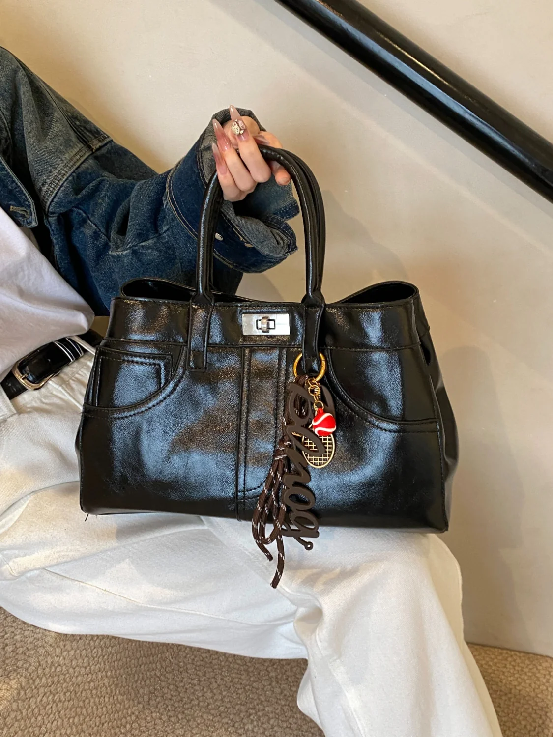 PU Leather Handbag with Pendant - Image 5