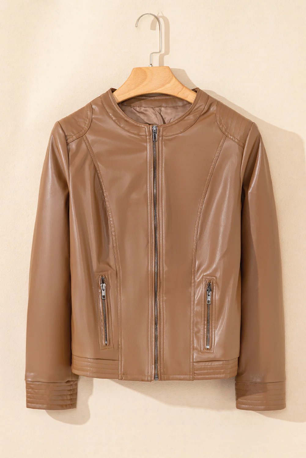 PU Leather Round Neck Long Sleeve Jacket - Image 10