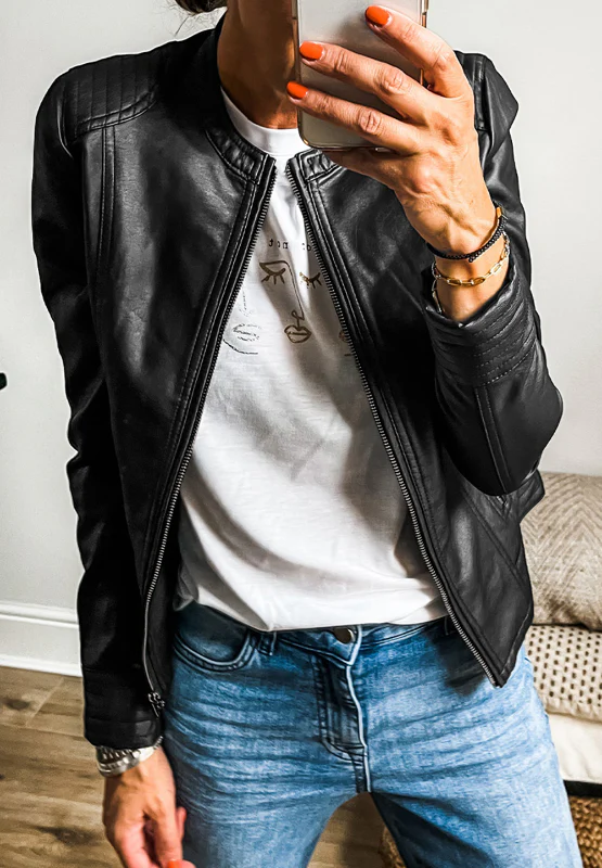 PU Leather Round Neck Long Sleeve Jacket - Image 11