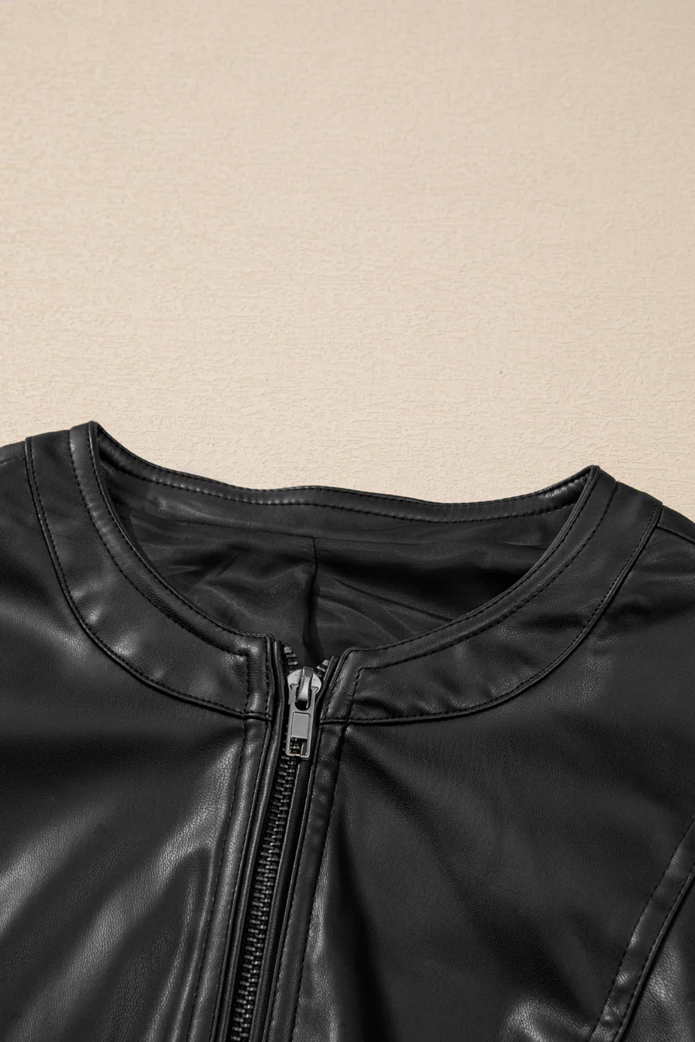 PU Leather Round Neck Long Sleeve Jacket - Image 13