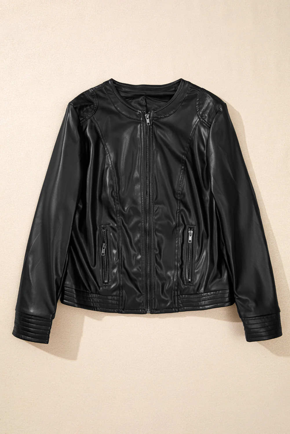PU Leather Round Neck Long Sleeve Jacket - Image 14