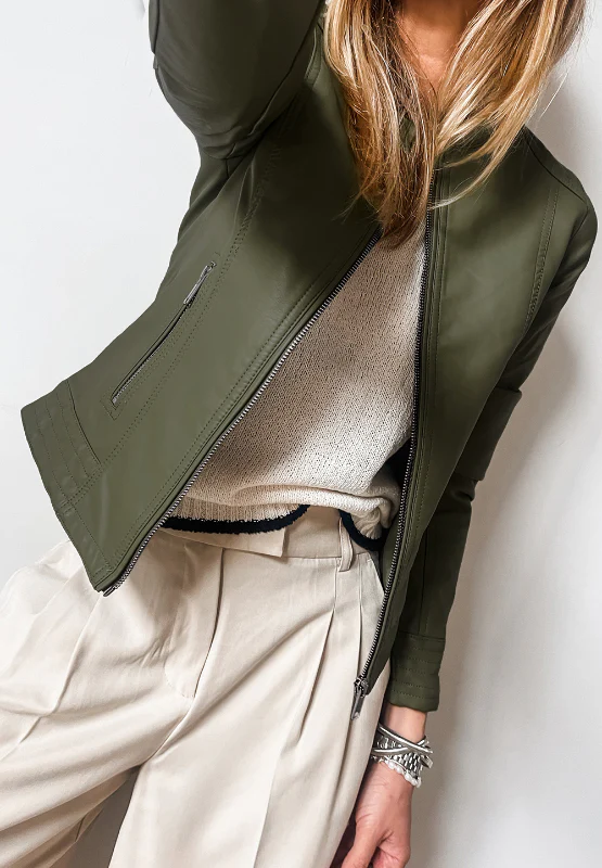 PU Leather Round Neck Long Sleeve Jacket - Image 2