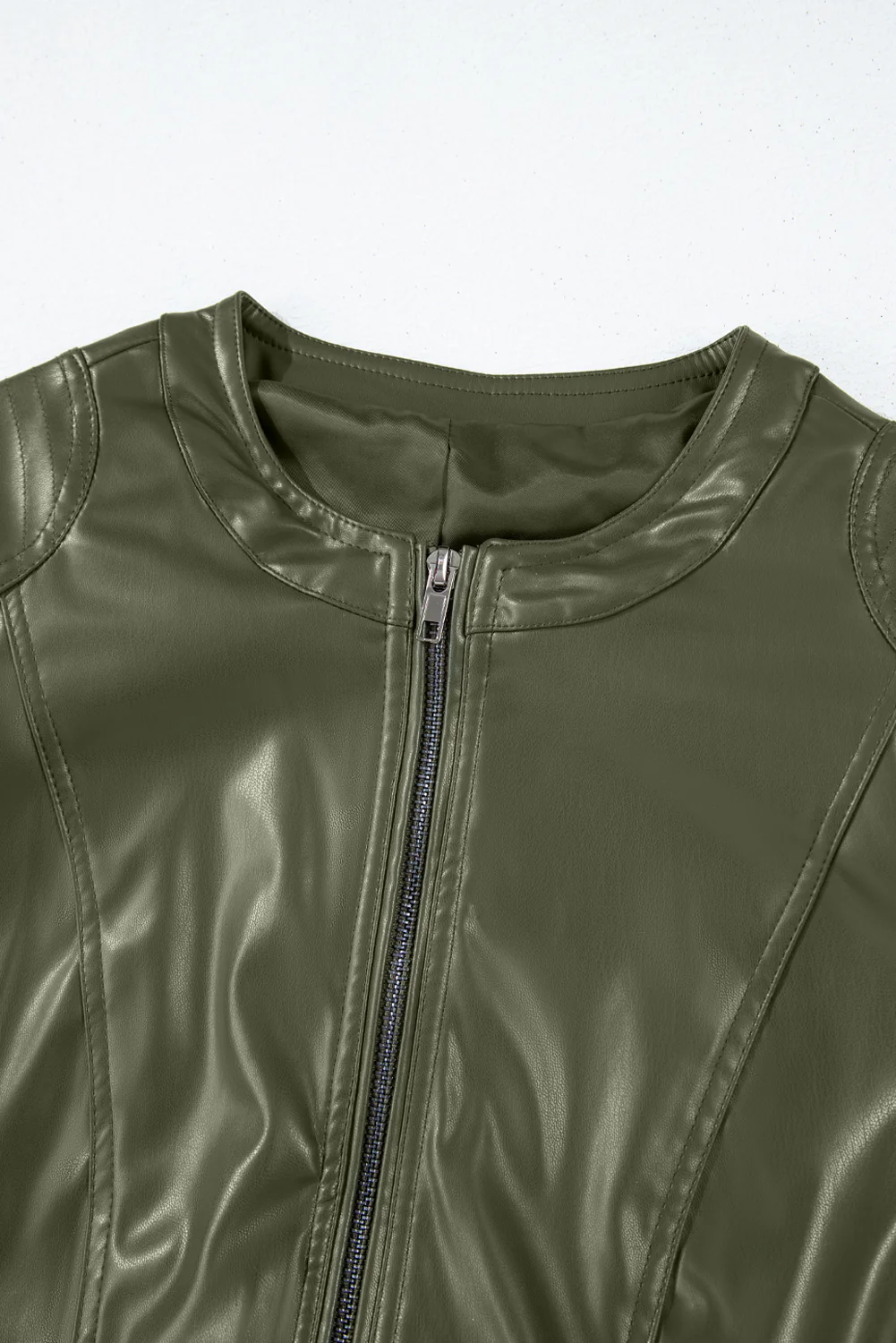 PU Leather Round Neck Long Sleeve Jacket - Image 3