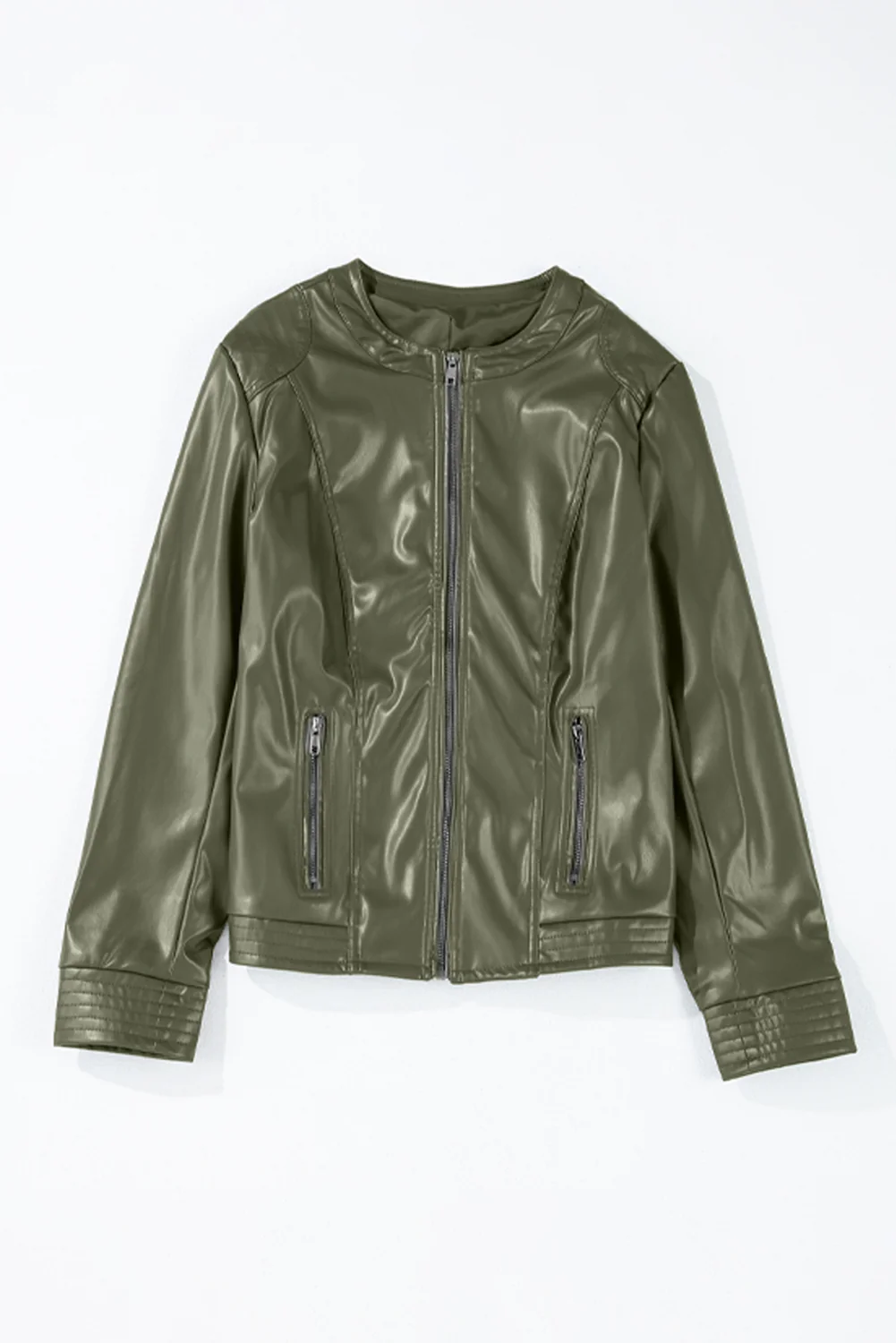 PU Leather Round Neck Long Sleeve Jacket - Image 5