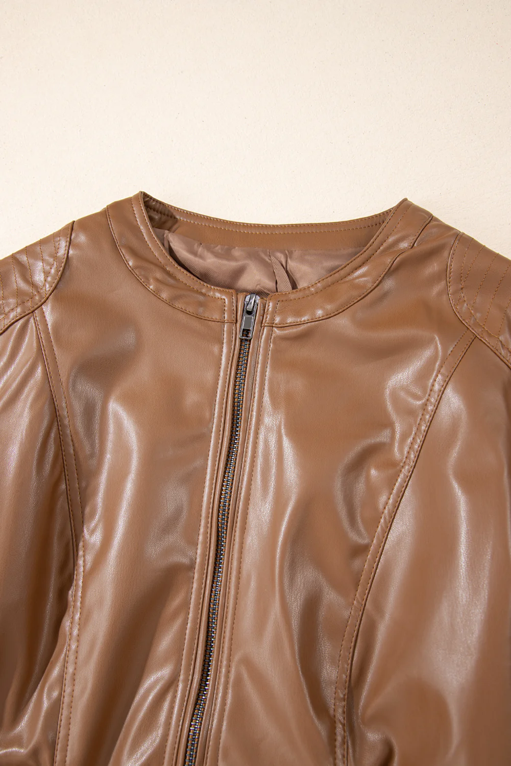 PU Leather Round Neck Long Sleeve Jacket - Image 7