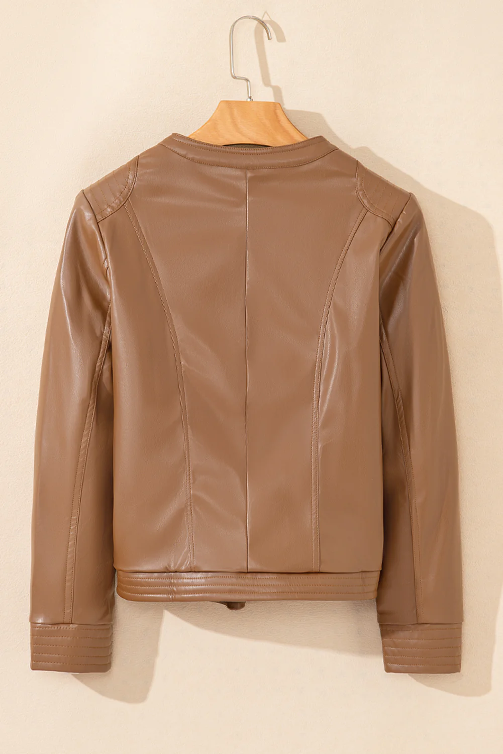 PU Leather Round Neck Long Sleeve Jacket - Image 9