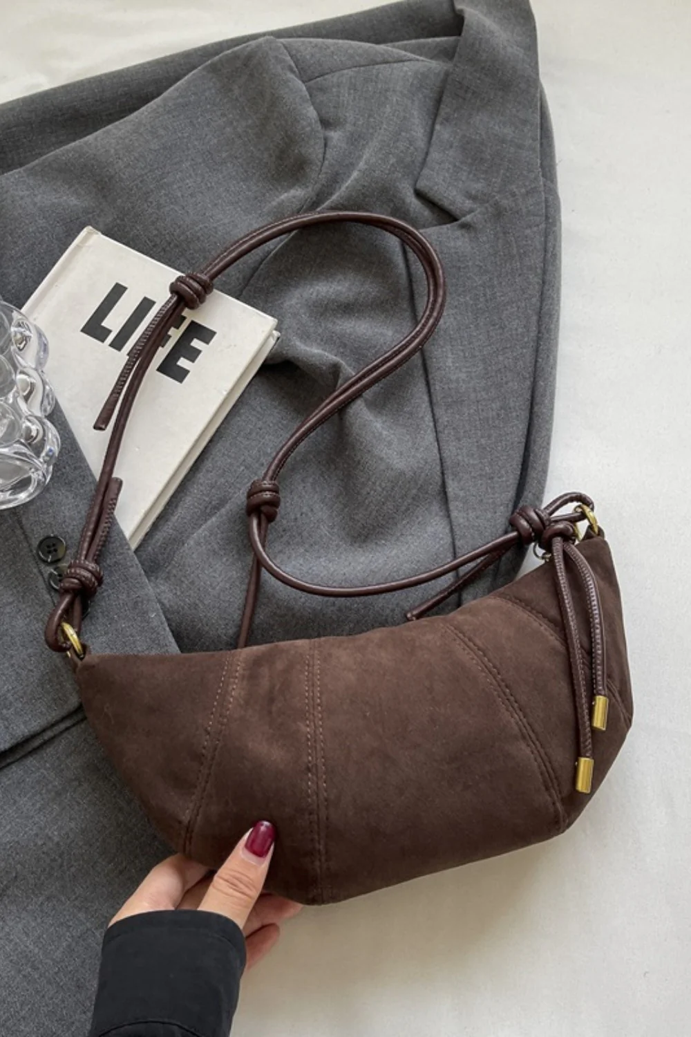 PU Leather Strap Suede Shoulder Bag - Image 11