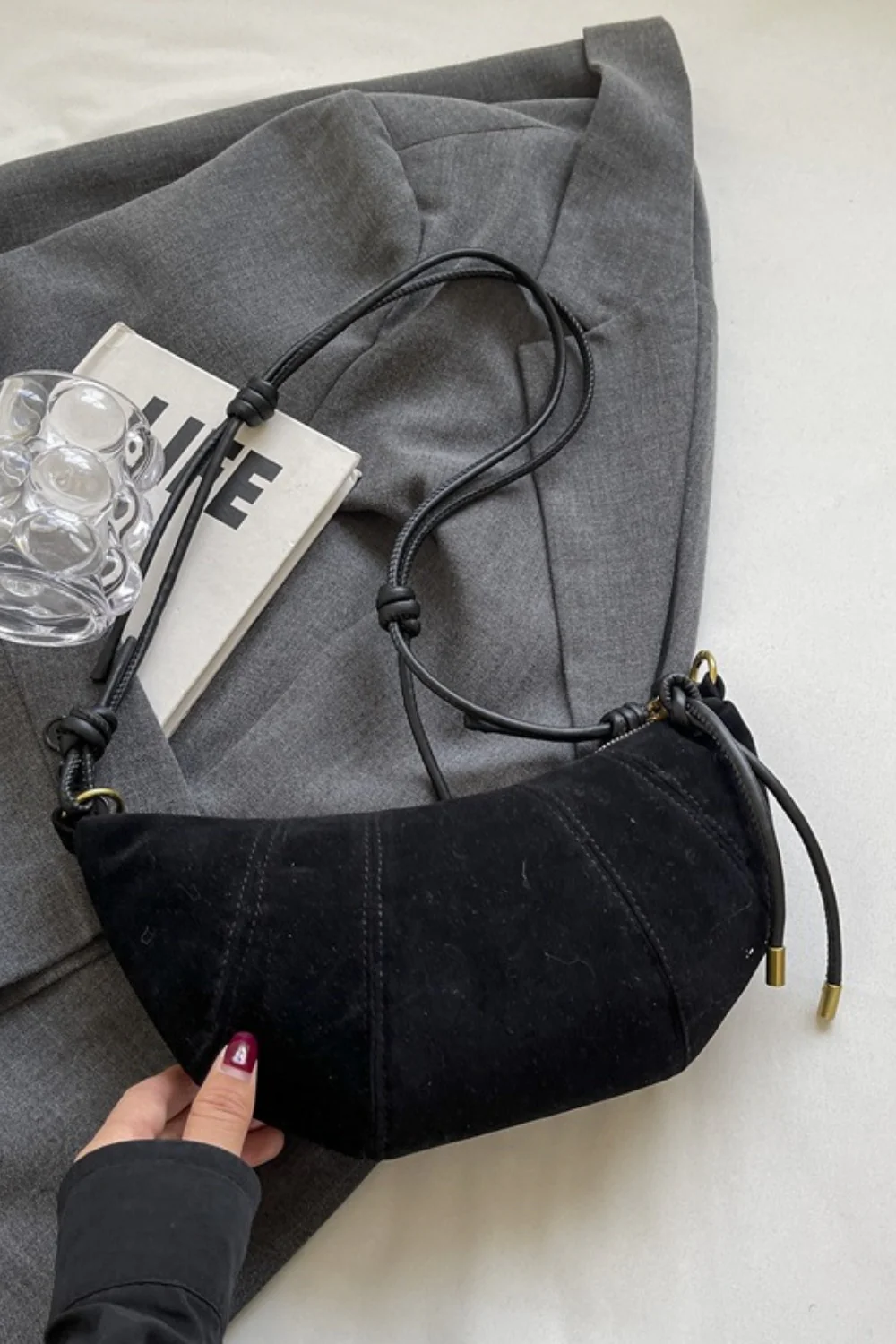 PU Leather Strap Suede Shoulder Bag - Image 14