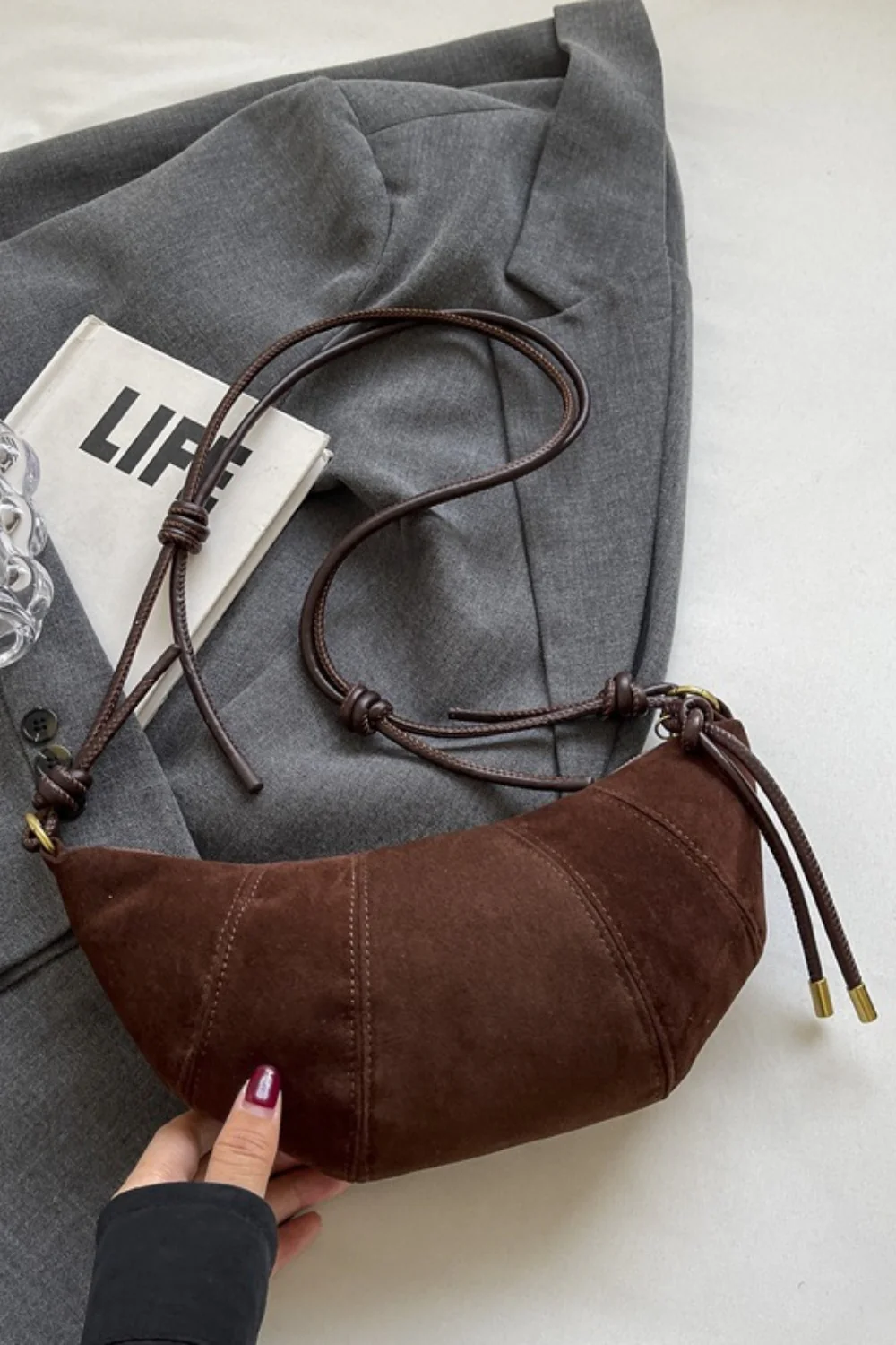 PU Leather Strap Suede Shoulder Bag - Image 17