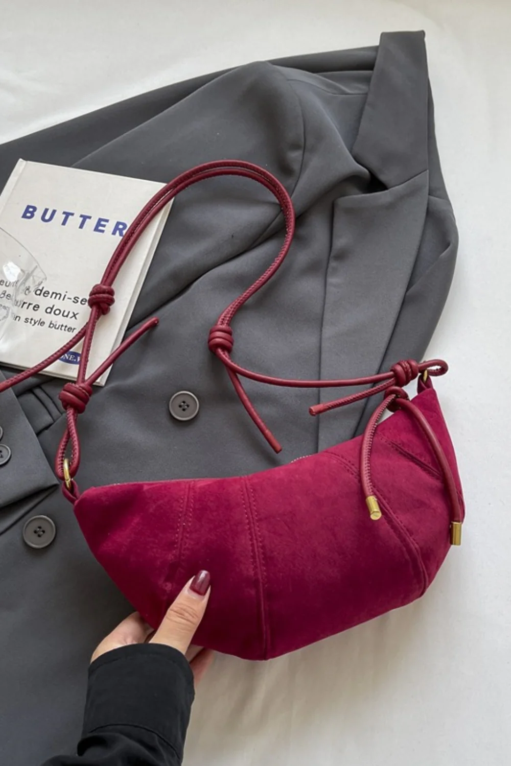 PU Leather Strap Suede Shoulder Bag - Image 8